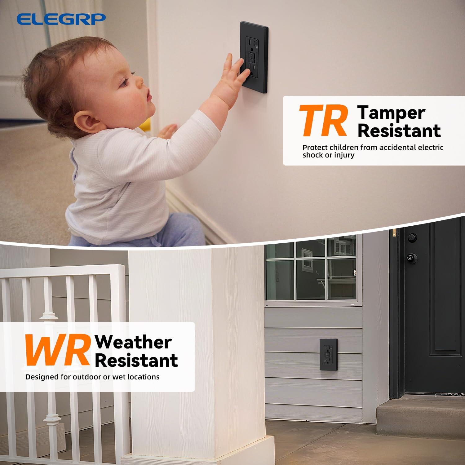 Toma GFCI Exterior ELEGRP 15A Auto-Prueba Resistente Negro