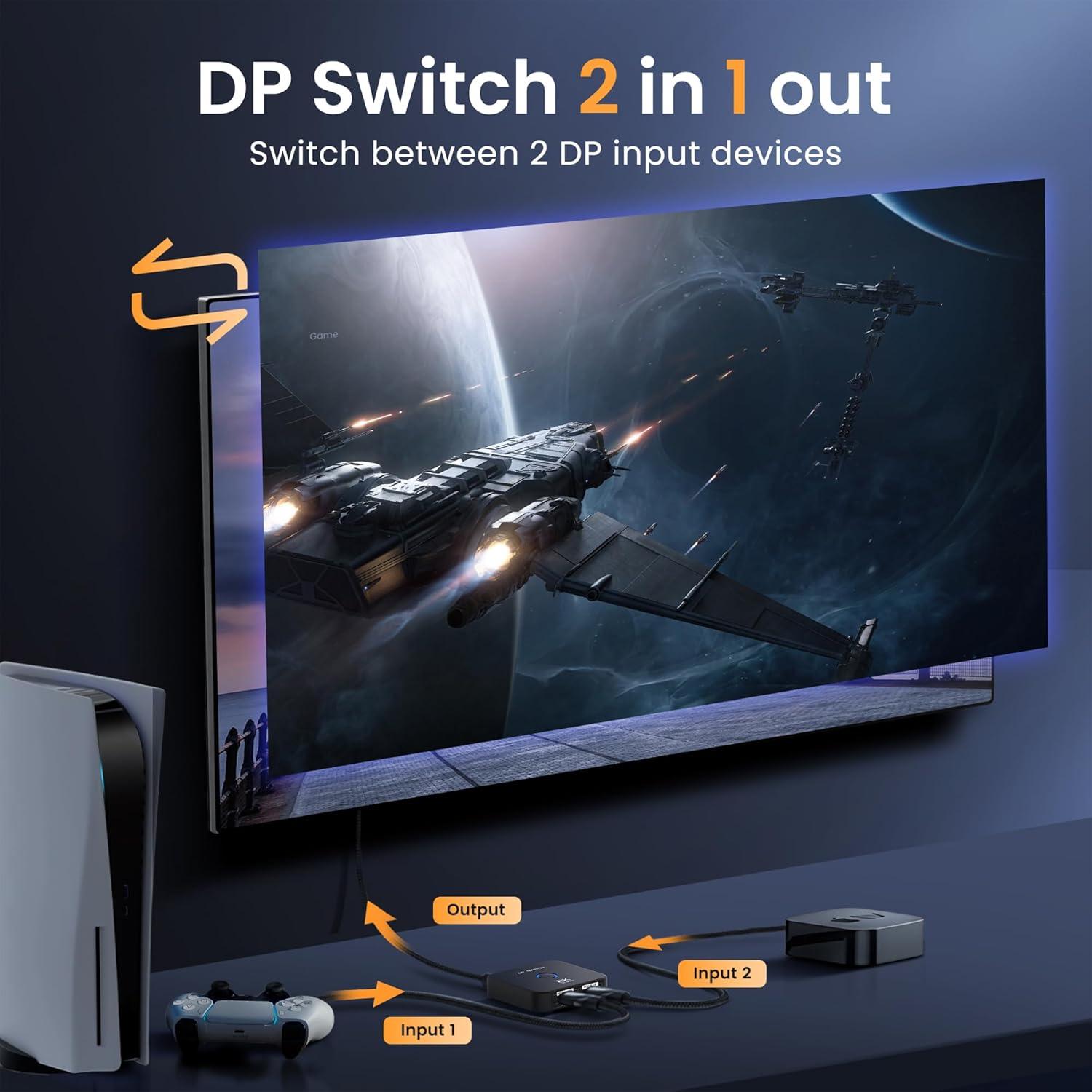 Conmutador DisplayPort 2 en 1 NEWCARE 8K@60Hz Control Remoto