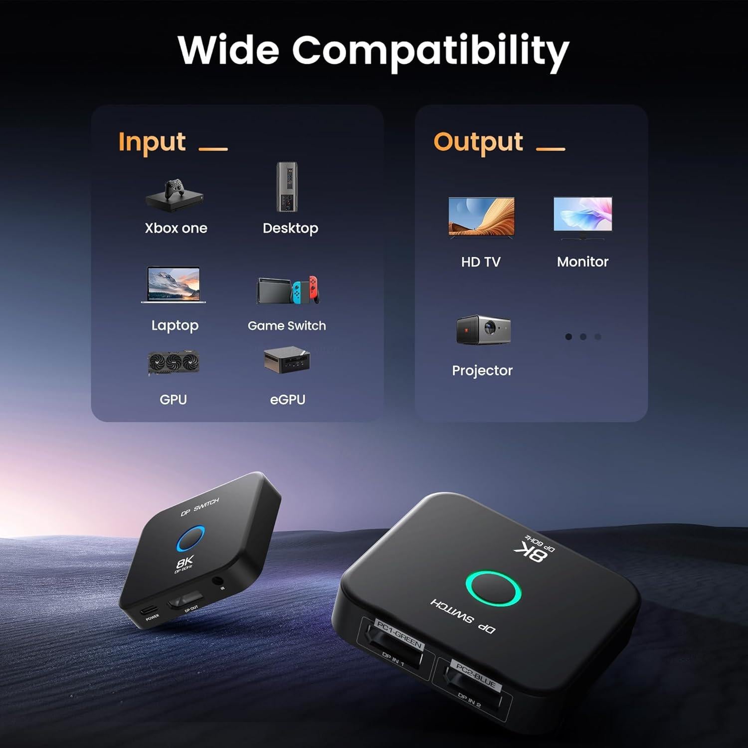 Conmutador DisplayPort 2 en 1 NEWCARE 8K@60Hz Control Remoto