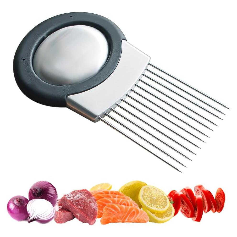 2025 Upgraded Onion Holder for Slicing, Stainless Steel Onion Slice Holder Lemon Slicer Vegetable Cutter, Home Kitchen Tools Onion Holder for Slicing, Meat, Onion, Potato, Tomato (A-1Pcs)