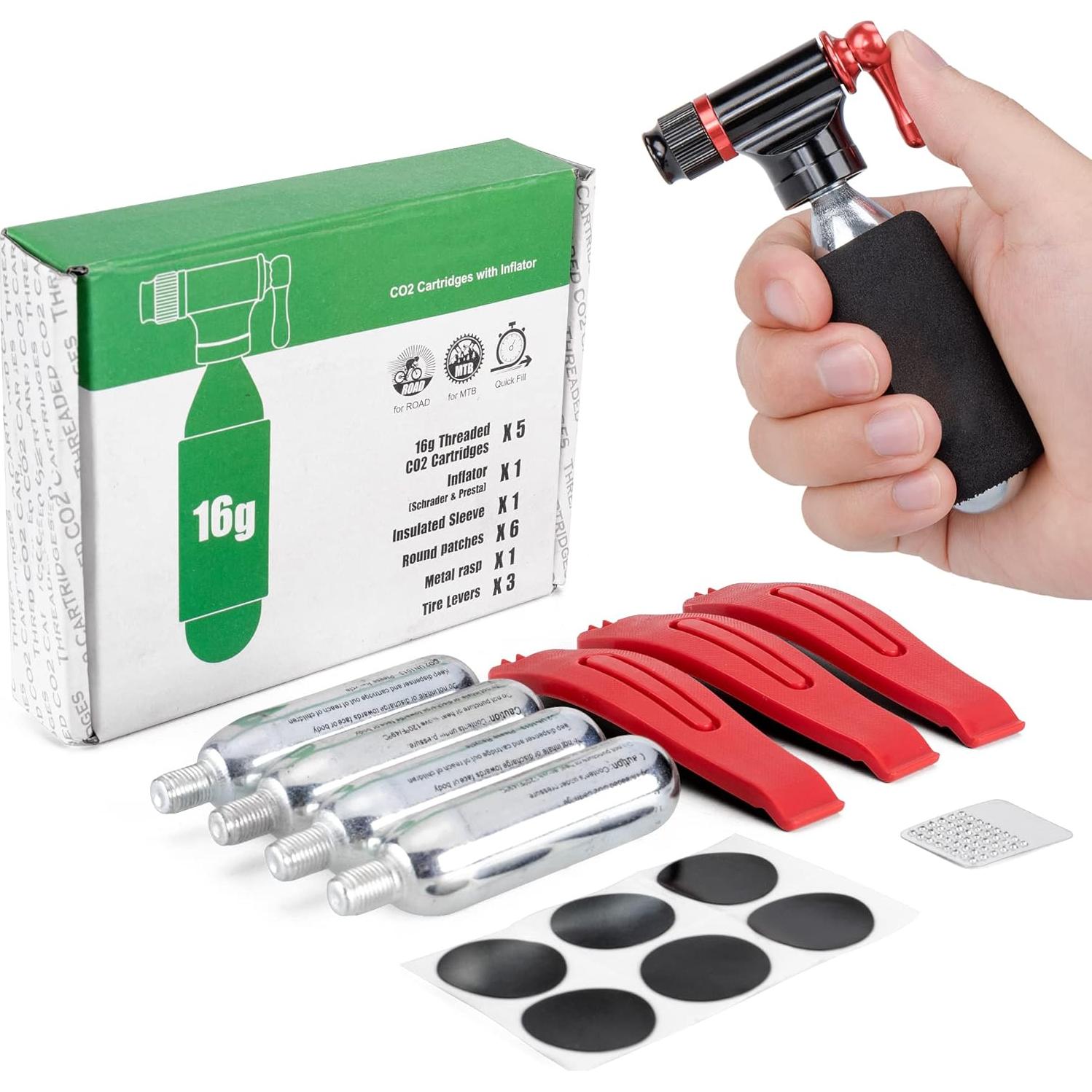 Kit Inflador CO2 Kadacha 5 Cartuchos 16g Válvula Presta/Schrader