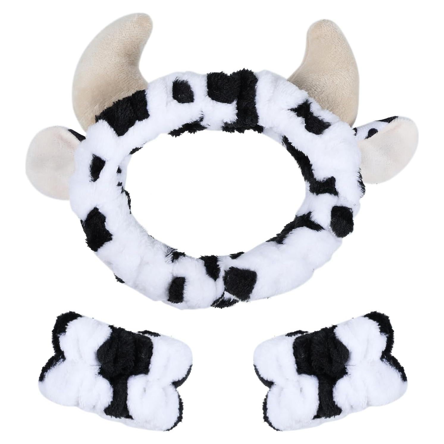 Diadema de lavado facial Miroksh con estampado de vaca y muñequeras