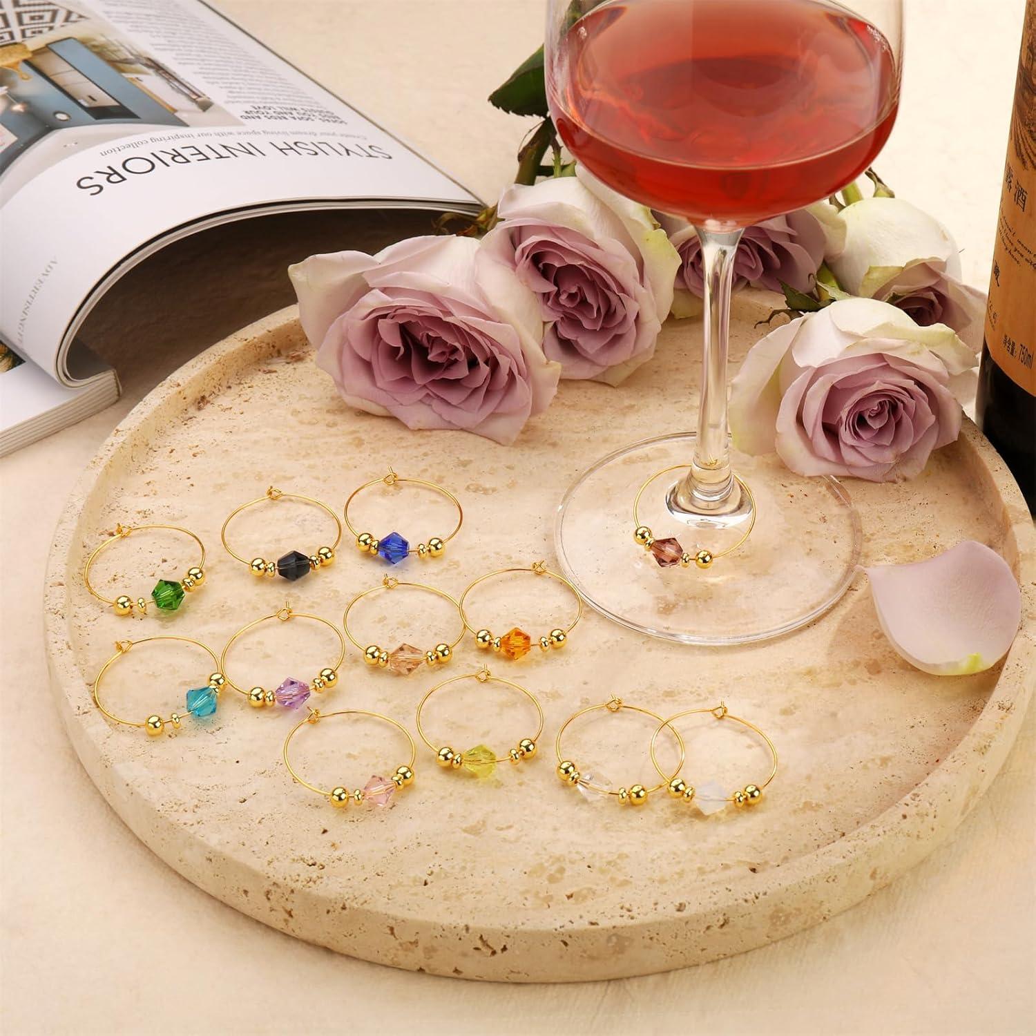 Juego de 12 Marcadores de Copas de Vino Oro 14K con Gemas