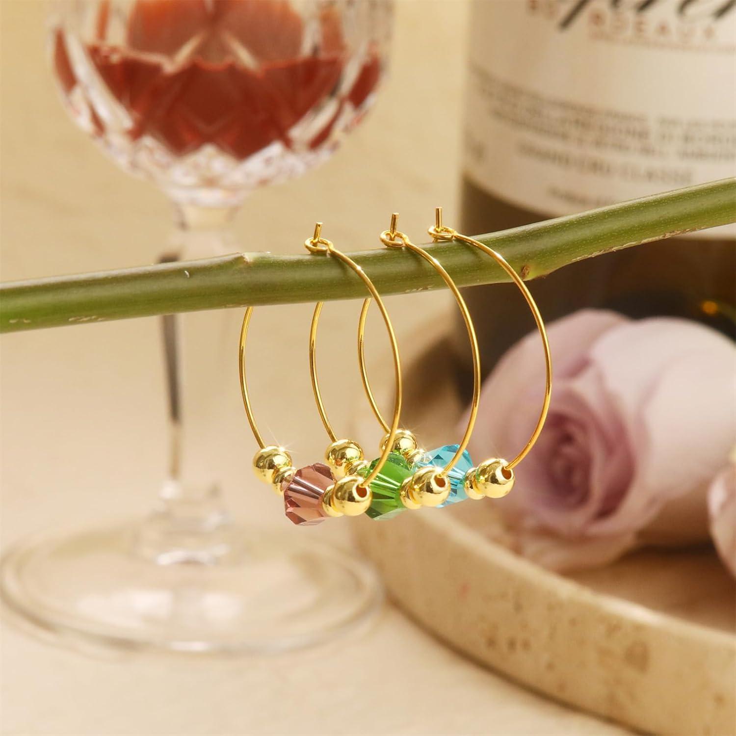 Juego de 12 Marcadores de Copas de Vino Oro 14K con Gemas