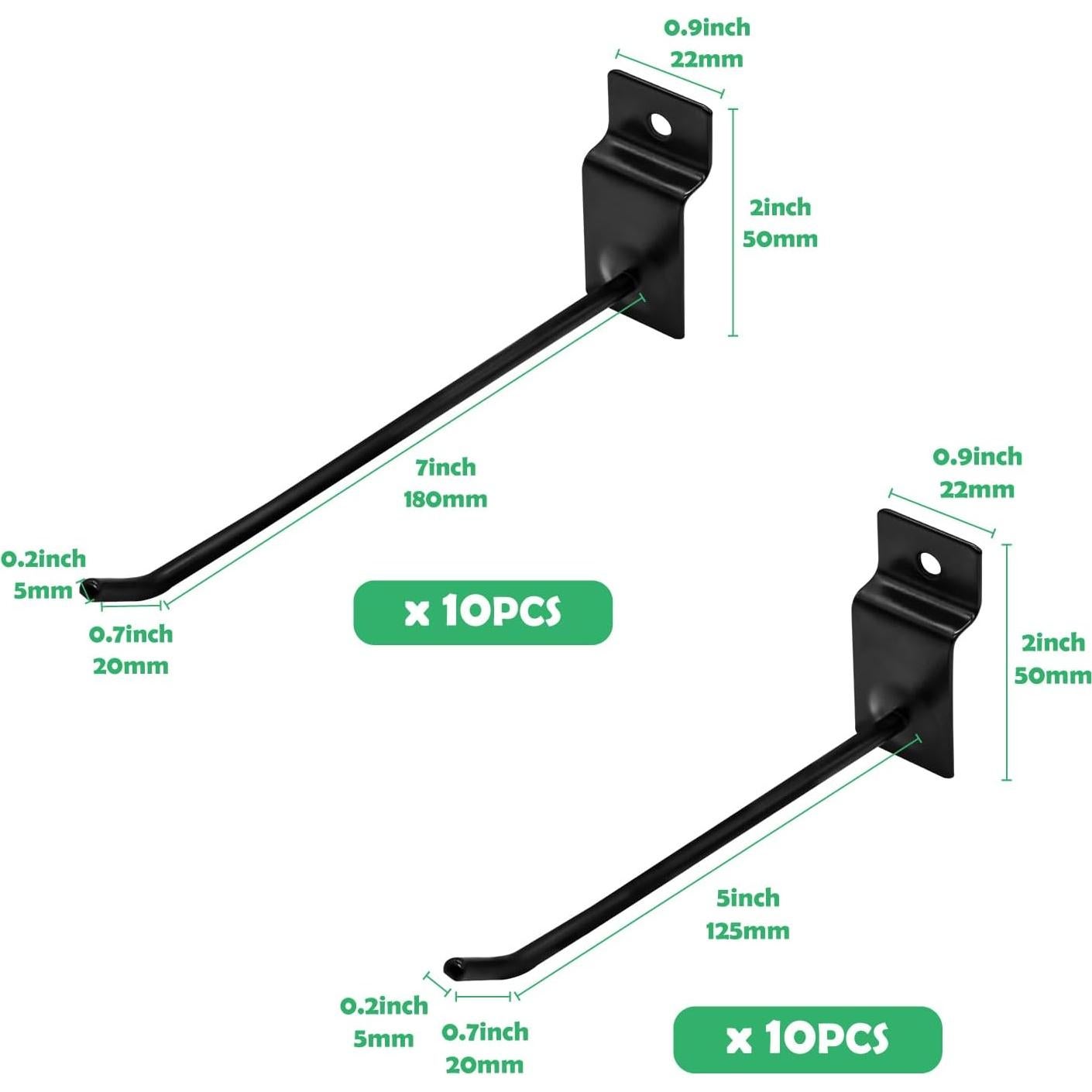 Juego de 20 Ganchos Slatwall Yauhar 15cm y 20cm Negro