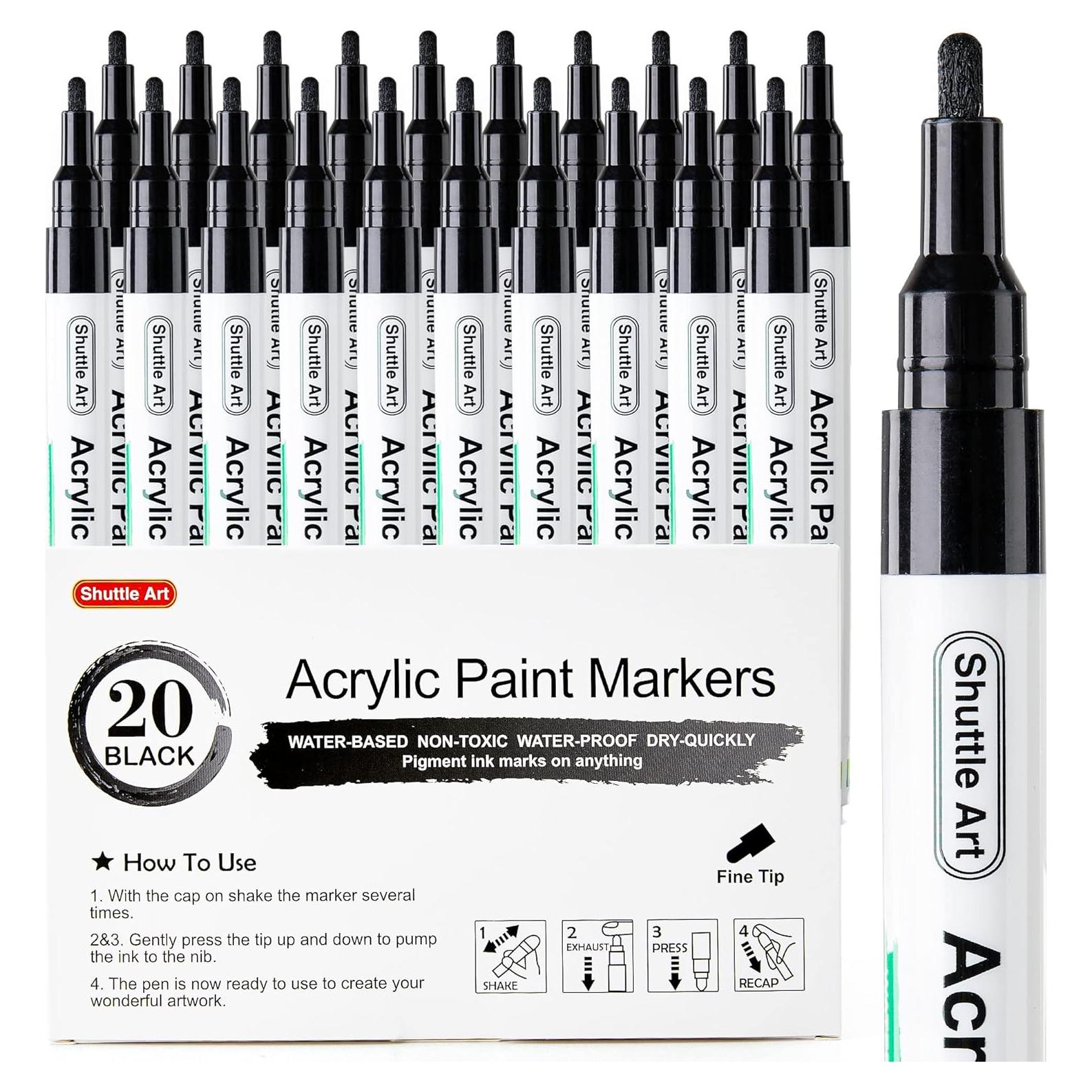 Marcadores de Pintura Acrílica Negra Shuttle Art - 20 Piezas Punta Fina