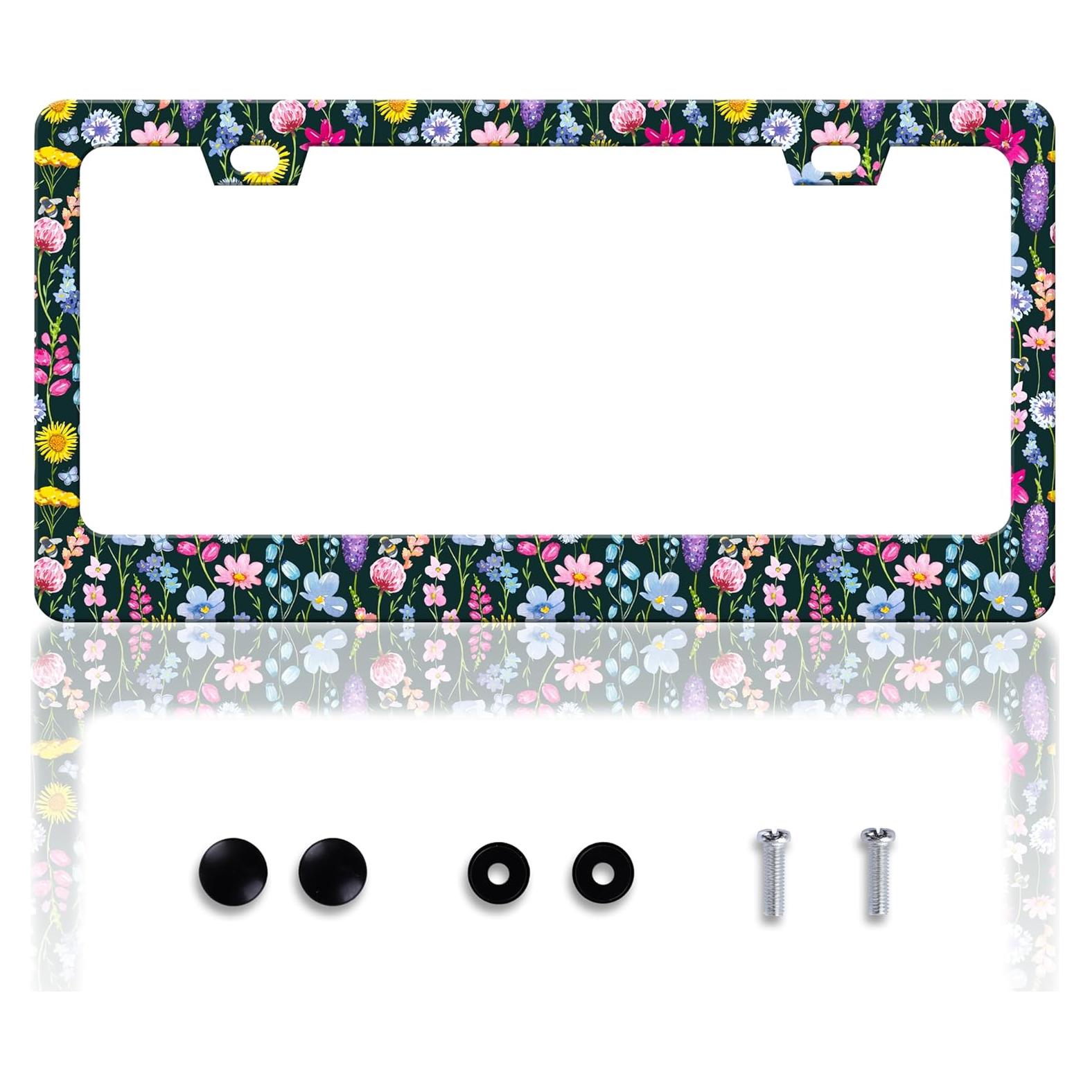 Marco de Placa de Licencia Acero Inoxidable HOWKWAWY Flores 30.48x15.24cm