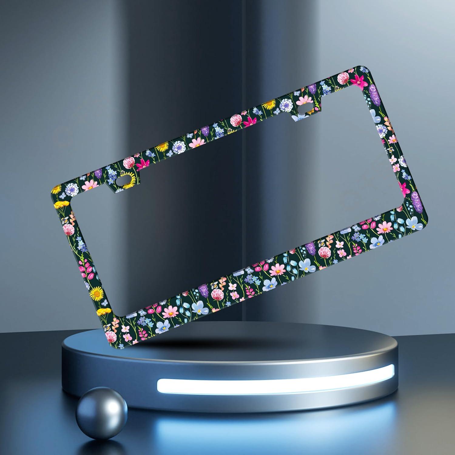 Marco de Placa de Licencia Acero Inoxidable HOWKWAWY Flores 30.48x15.24cm