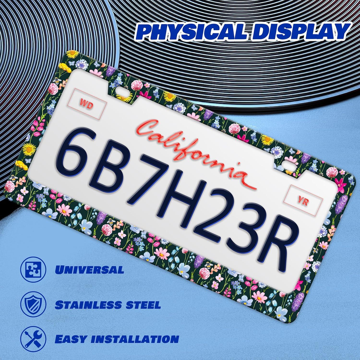 Marco de Placa de Licencia Acero Inoxidable HOWKWAWY Flores 30.48x15.24cm