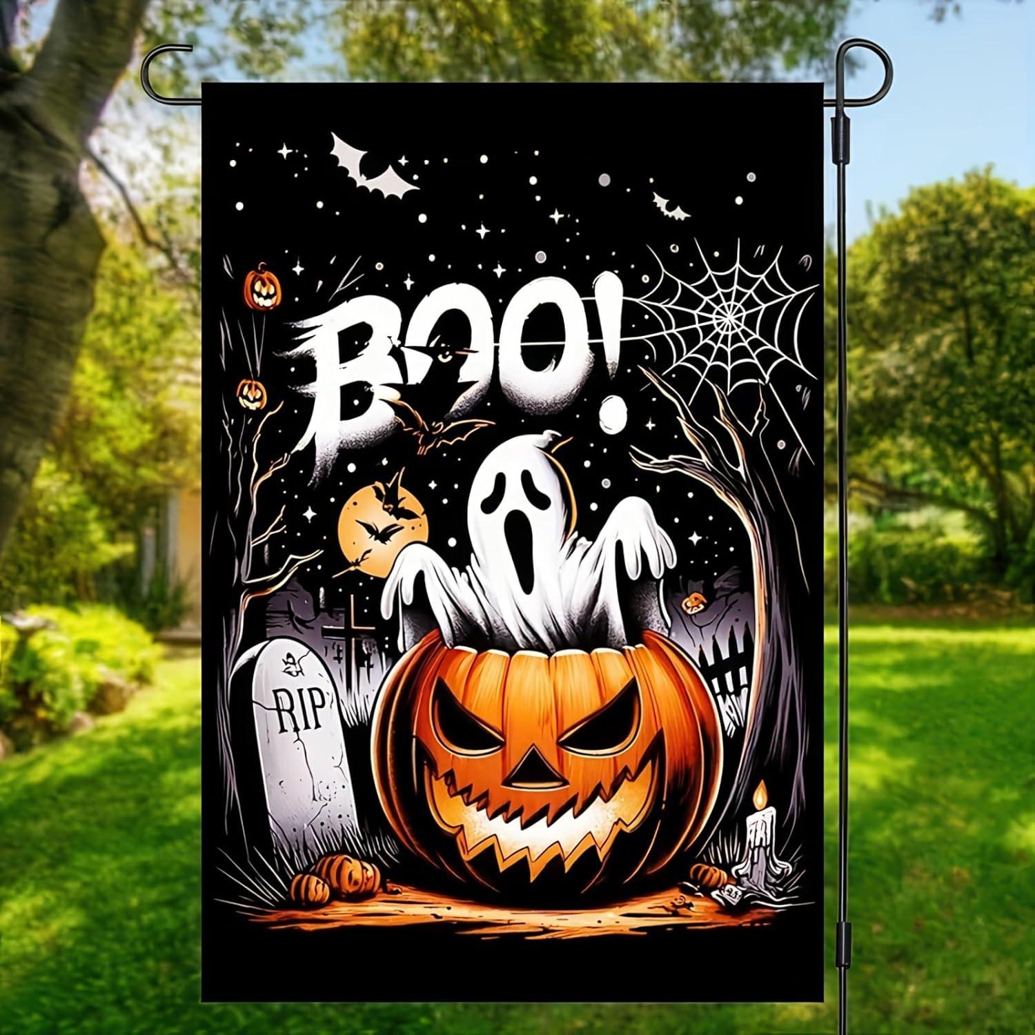 Bandera de Jardín Halloween Boo Gato Negro 30x46 cm Doble Cara