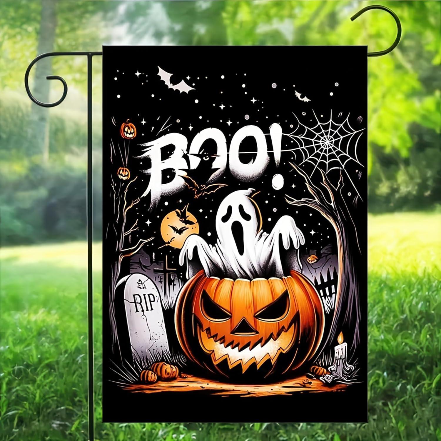 Bandera de Jardín Halloween Boo Gato Negro 30x46 cm Doble Cara