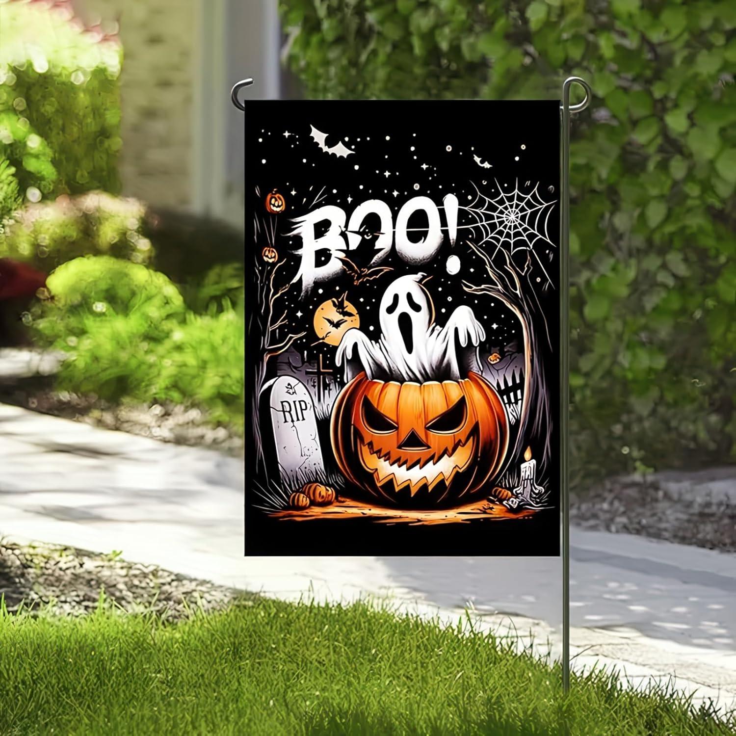 Bandera de Jardín Halloween Boo Gato Negro 30x46 cm Doble Cara