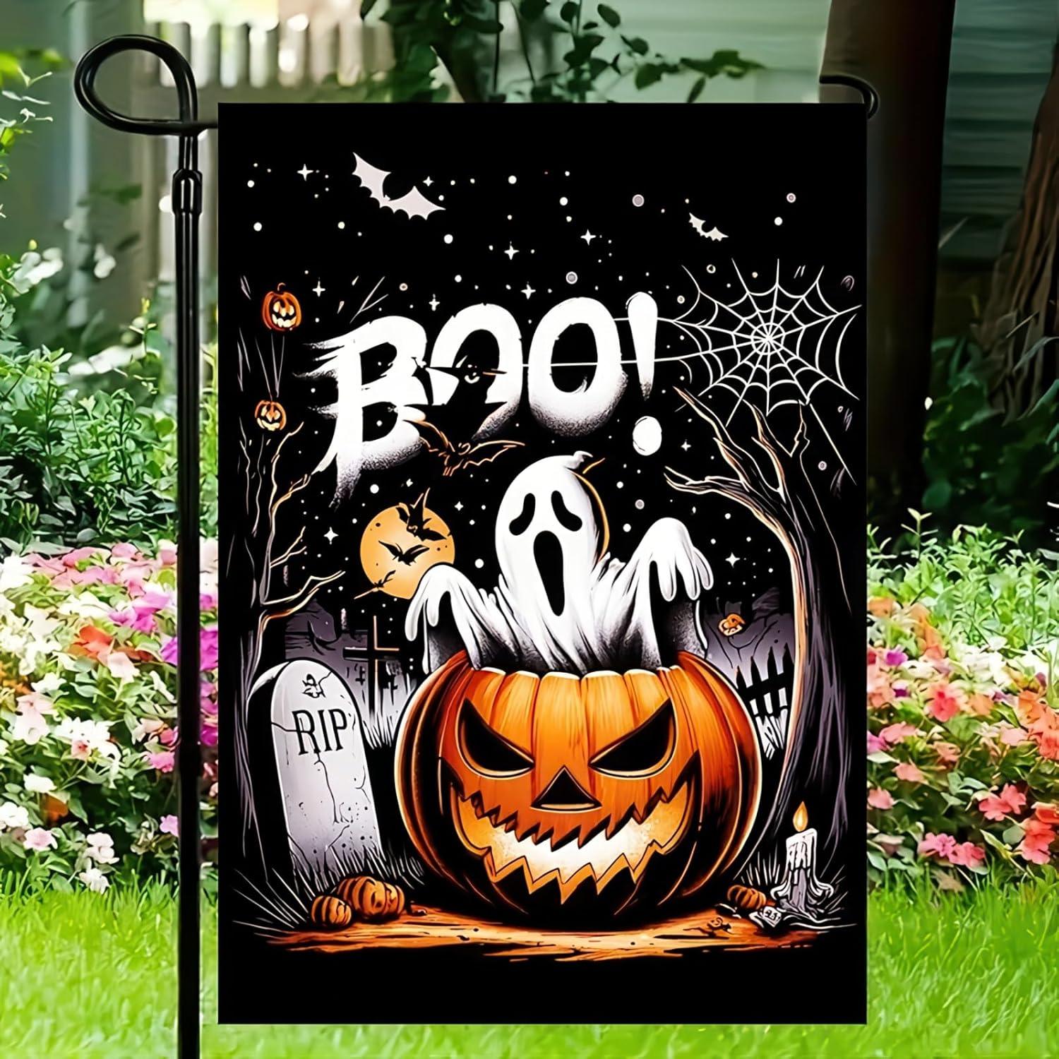 Bandera de Jardín Halloween Boo Gato Negro 30x46 cm Doble Cara