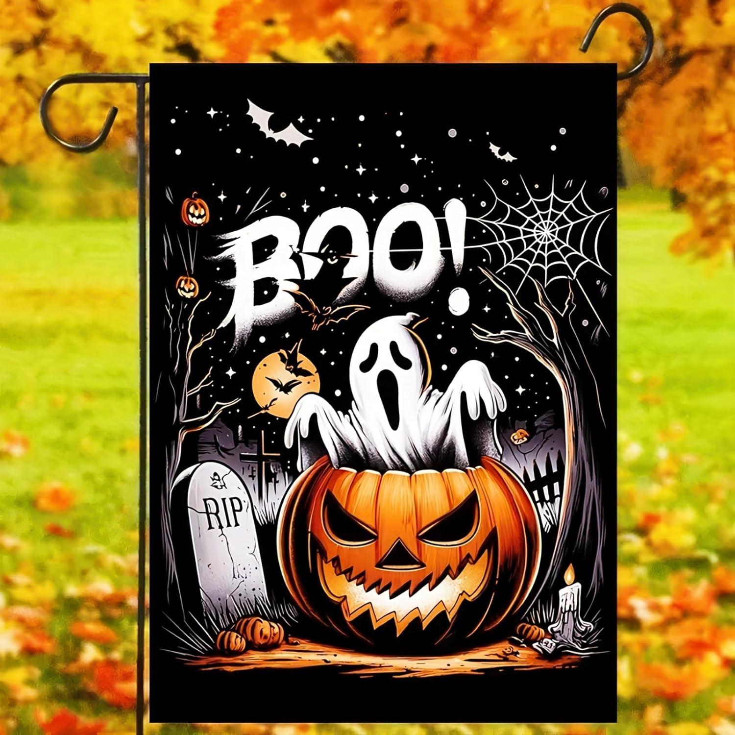 Bandera de Jardín Halloween Boo Gato Negro 30x46 cm Doble Cara