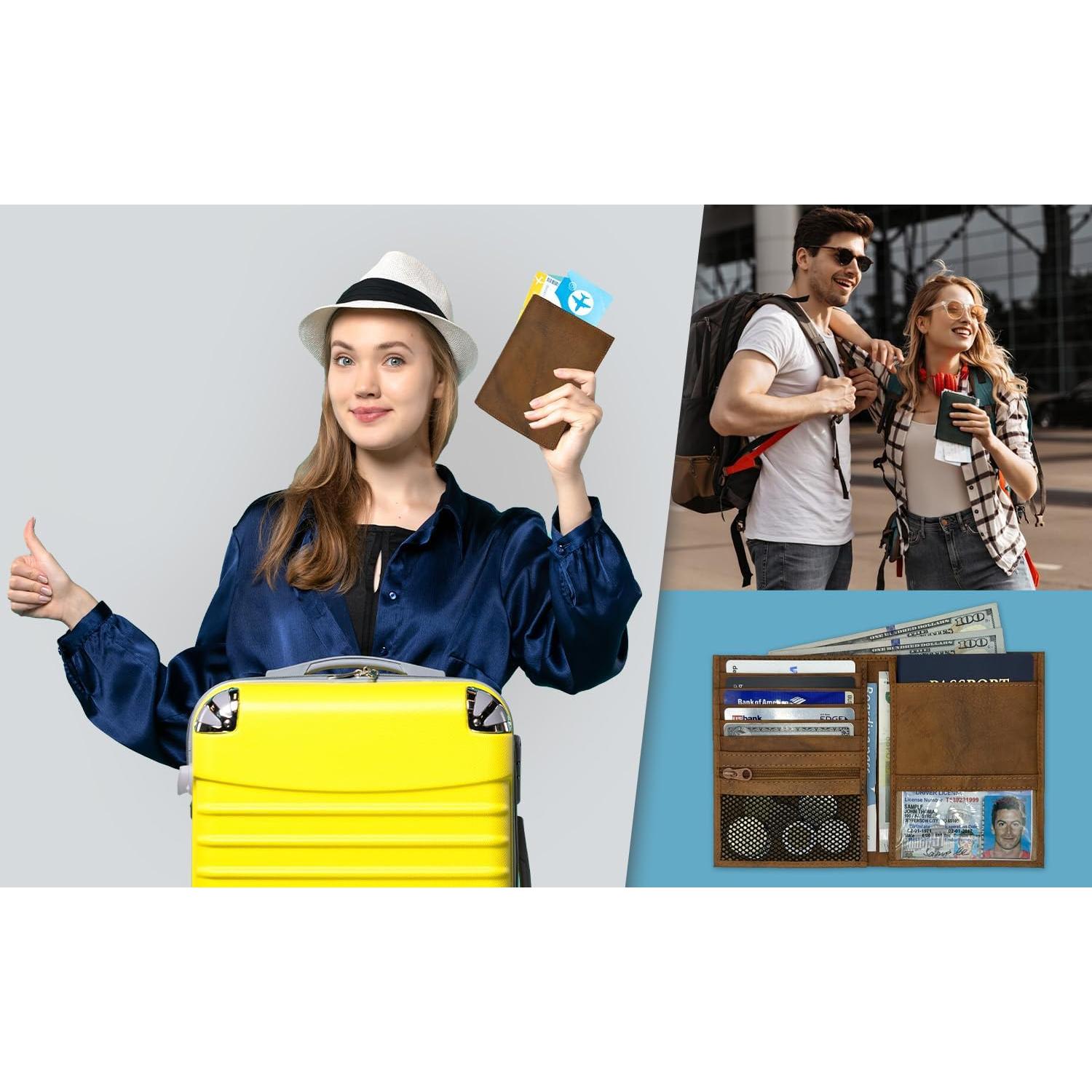 Billetera de Pasaporte de Cuero Genuino RFID Color Silla Antigua