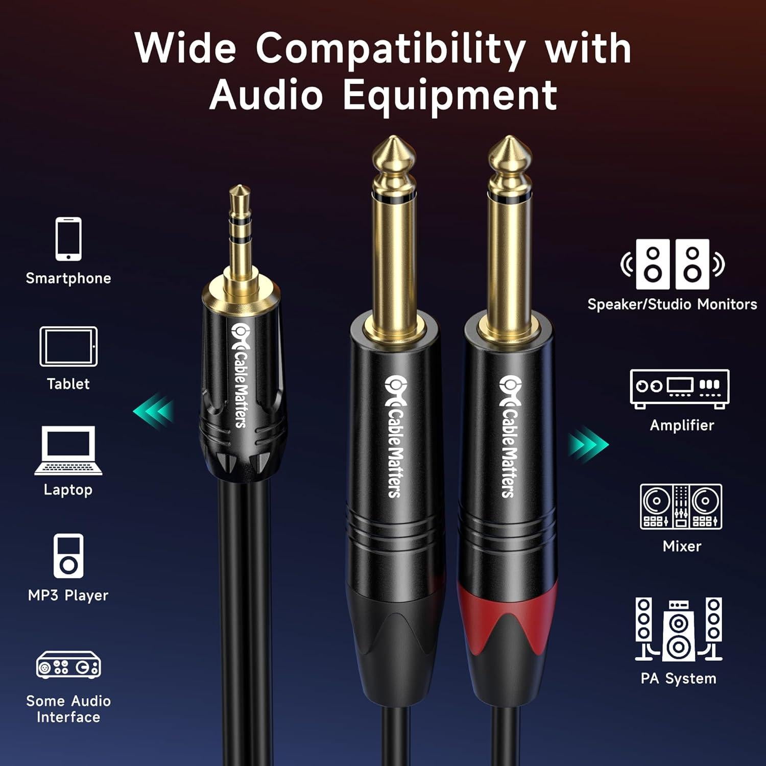 Cable AUX 3.5mm TRS a Doble 6.35mm TS Cable 0.91m