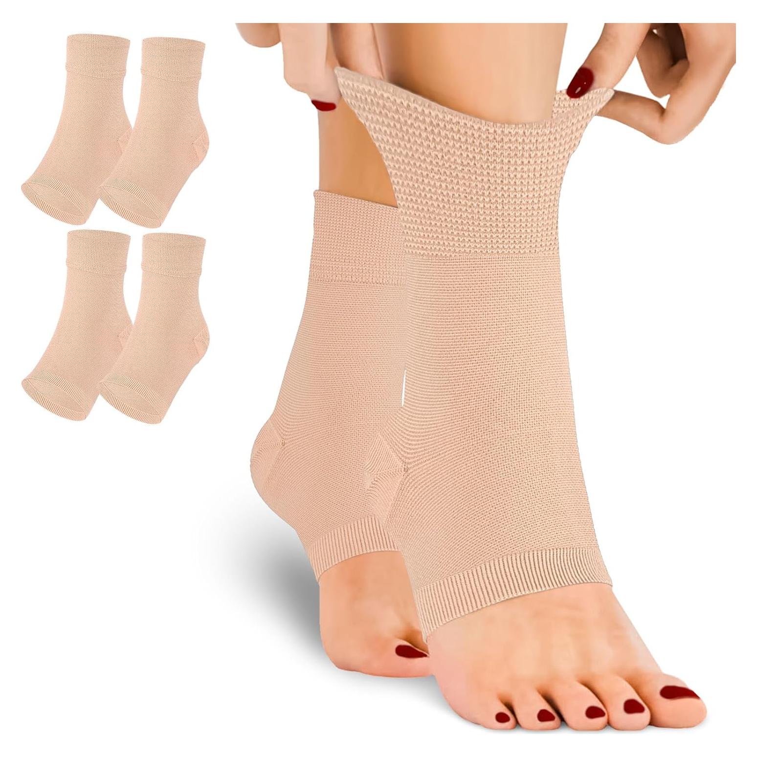 Mangas de Compresión para Tobillo Abiertas Beige S/M - Alivio Fascitis Plantar