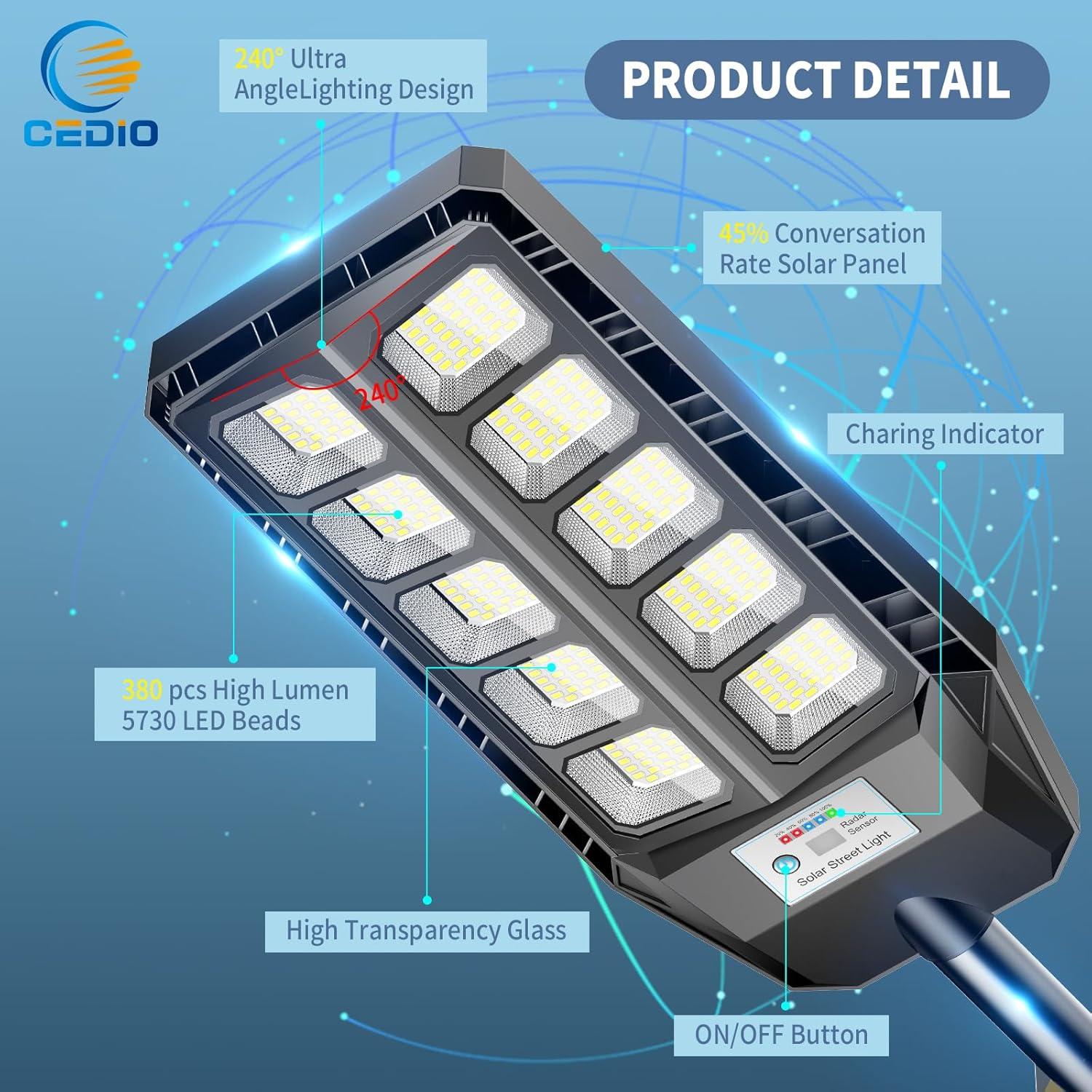 CEDIO Luz Solar Exterior 6500W IP66 con Sensor de Movimiento