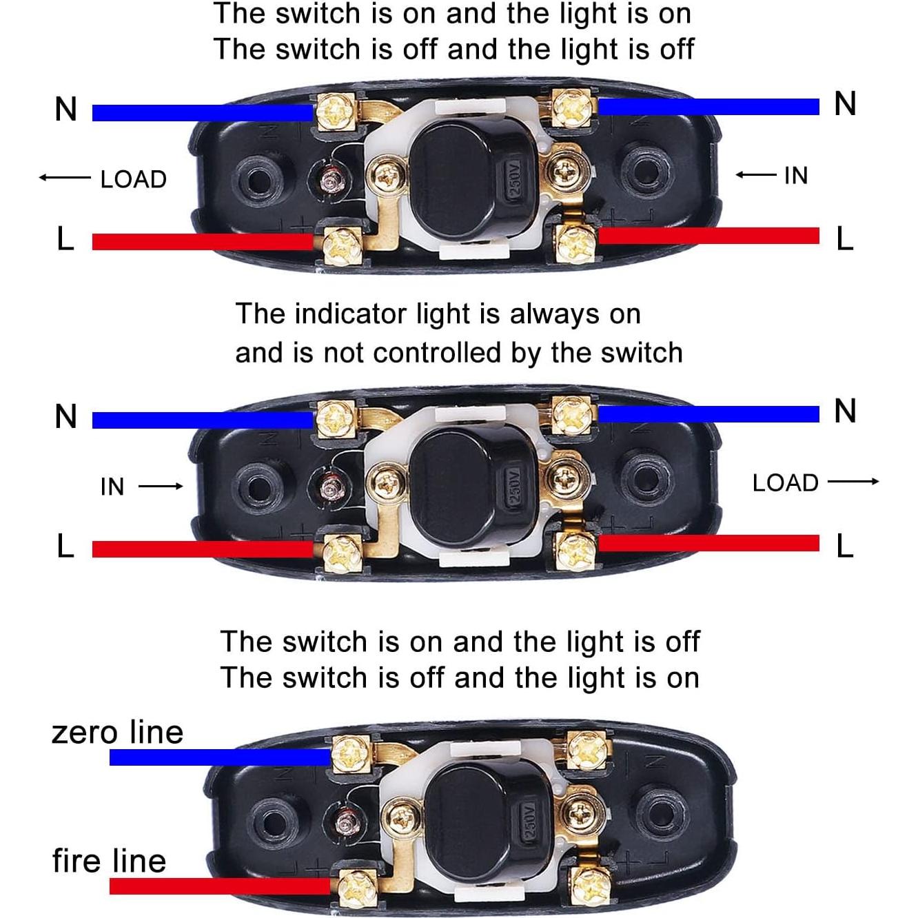 Interruptor de Cable Inline Weideer 3 Pcs 10A 250V LED Rojo