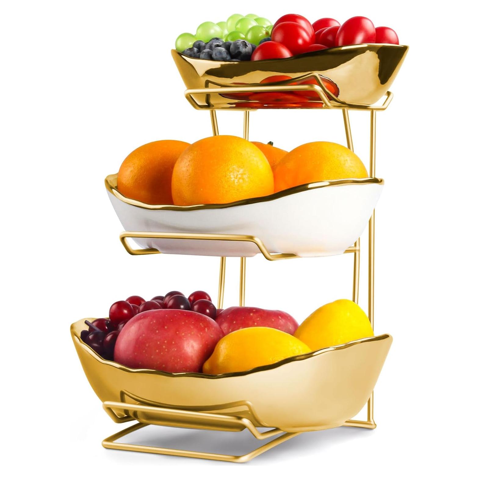 Canasta de Frutas de 3 Niveles YUNLINLI - Dorado, Cerámica y Metal