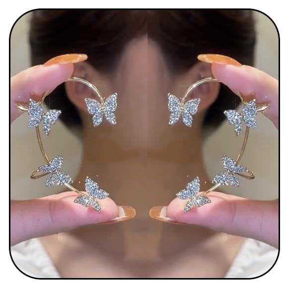 Pendientes de Mariposa con Cuffs de Oreja Oro y Rhinestones