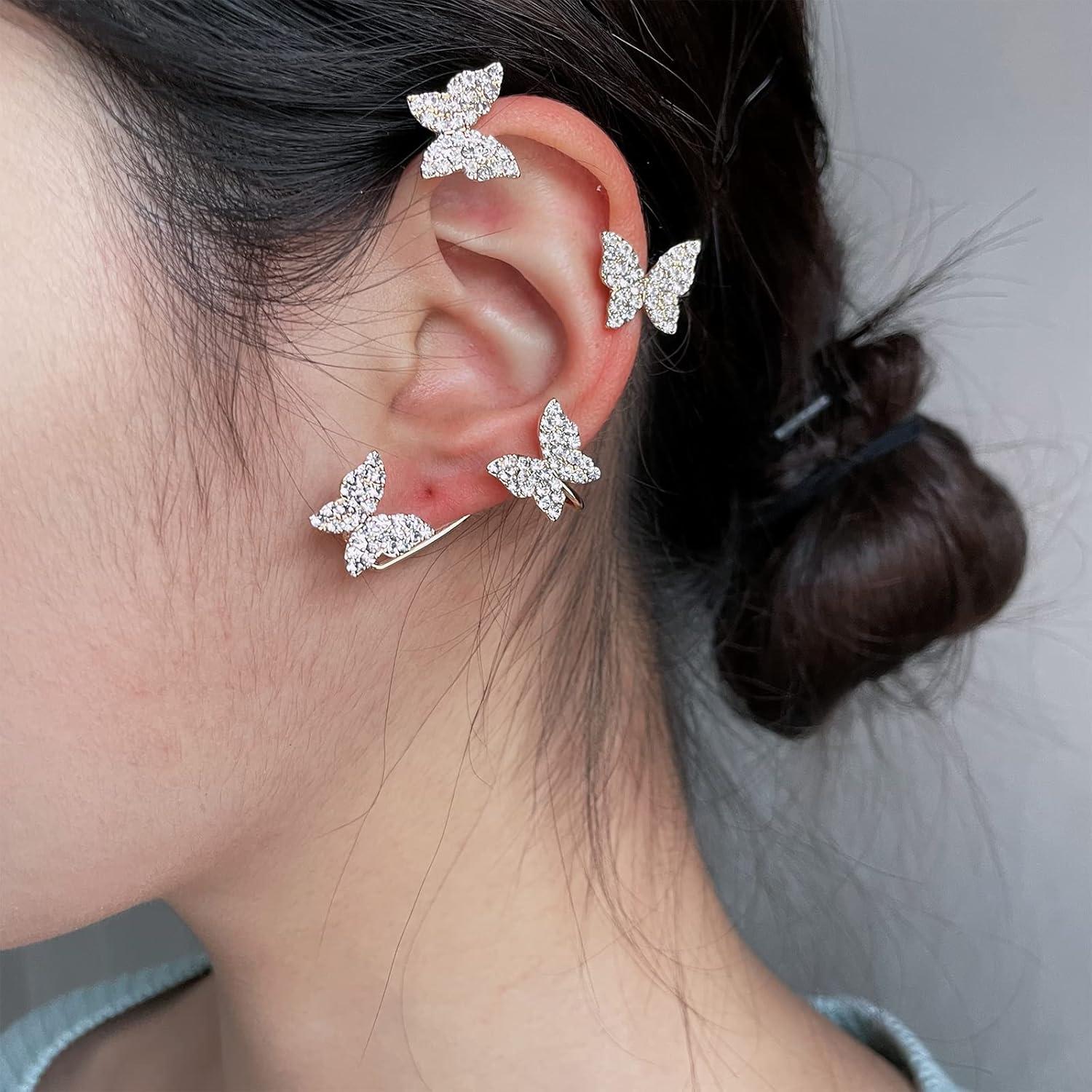 Pendientes de Mariposa con Cuffs de Oreja Oro y Rhinestones