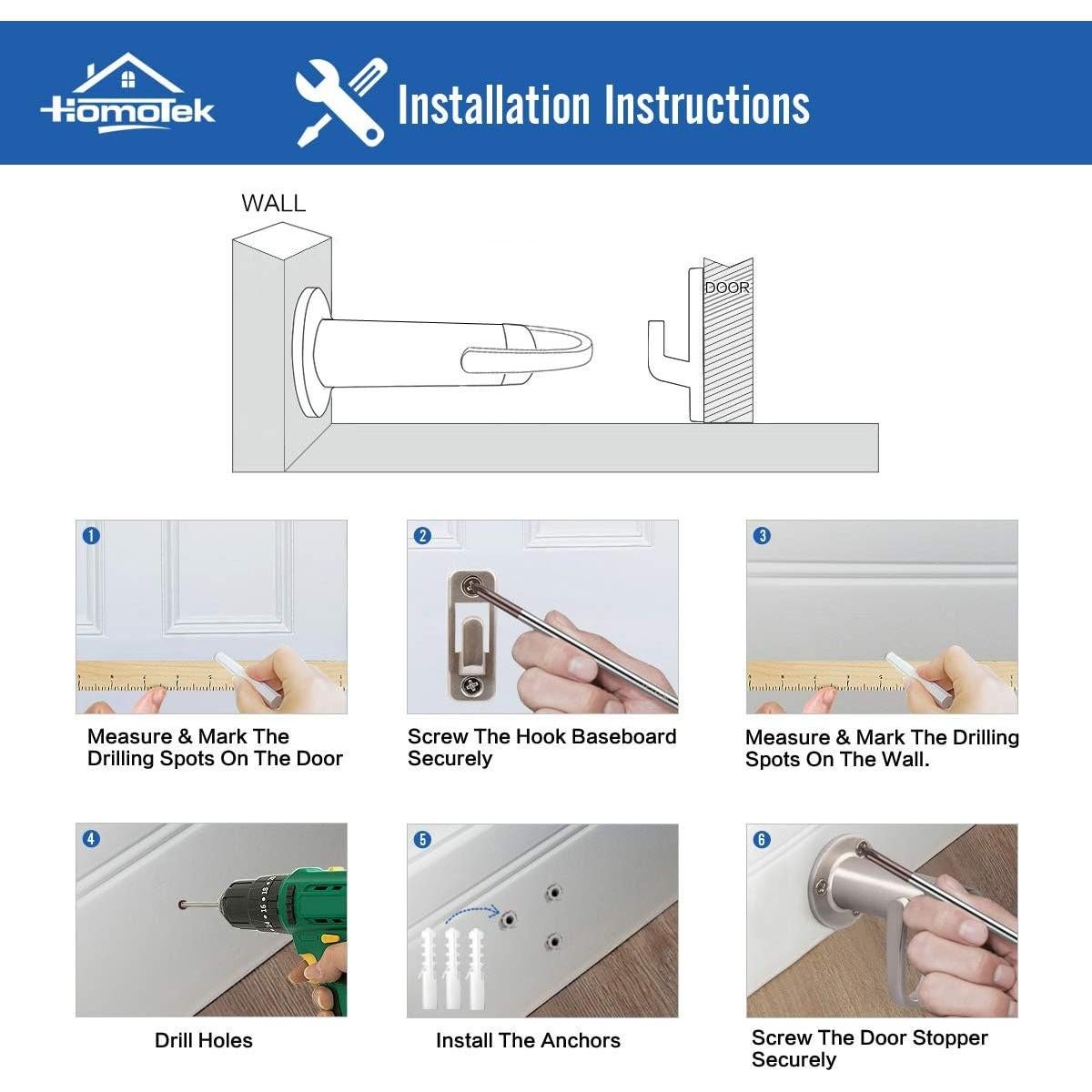Gancho de Parada de Puerta HOMOTEK Negro 1 Paquete Alta Resistencia