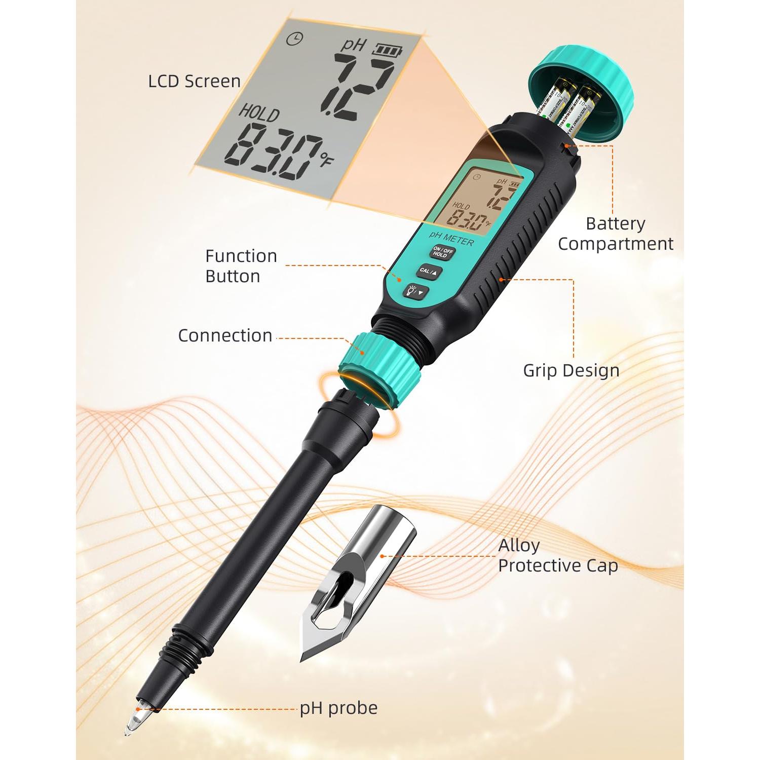 Tadeto Soil pH Tester, High Accuracy Digital pH Meter for Soil, Garden, Water, Plants, Solution and Food, Soil pH Test Kit with Thermometer LCD Display, Calibration Powder and Alloy Protective Cap