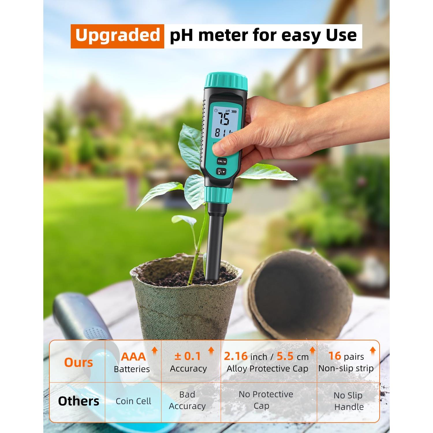 Tadeto Soil pH Tester, High Accuracy Digital pH Meter for Soil, Garden, Water, Plants, Solution and Food, Soil pH Test Kit with Thermometer LCD Display, Calibration Powder and Alloy Protective Cap