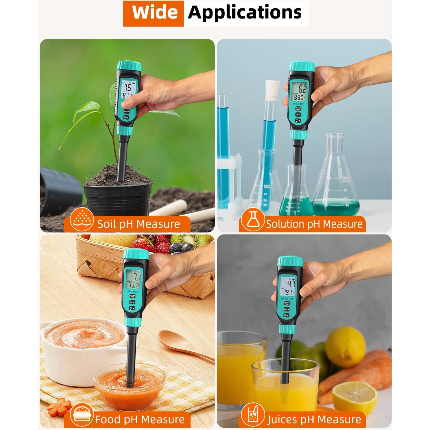 Tadeto Soil pH Tester, High Accuracy Digital pH Meter for Soil, Garden, Water, Plants, Solution and Food, Soil pH Test Kit with Thermometer LCD Display, Calibration Powder and Alloy Protective Cap
