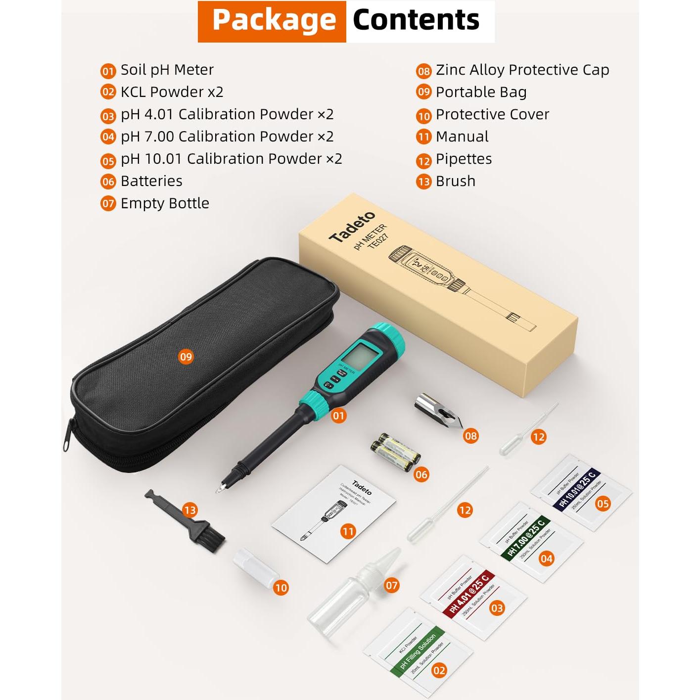 Tadeto Soil pH Tester, High Accuracy Digital pH Meter for Soil, Garden, Water, Plants, Solution and Food, Soil pH Test Kit with Thermometer LCD Display, Calibration Powder and Alloy Protective Cap