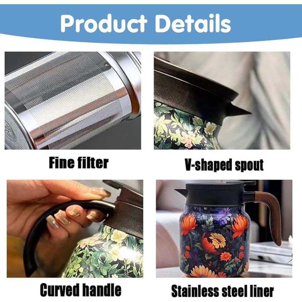 Tetera Floral Vintage TBHAPY 1.04L con Infusor y Acero Inoxidable