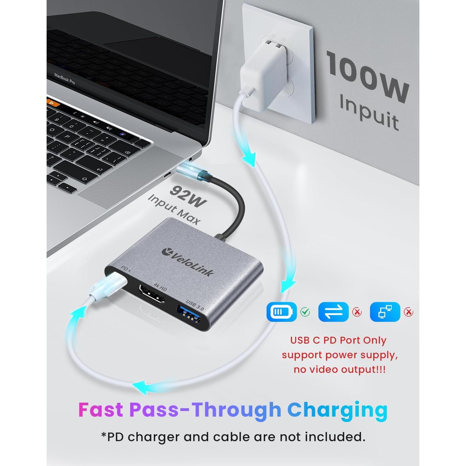 Adaptador USB-C a HDMI 4K 30Hz VELOLINK con Carga PD