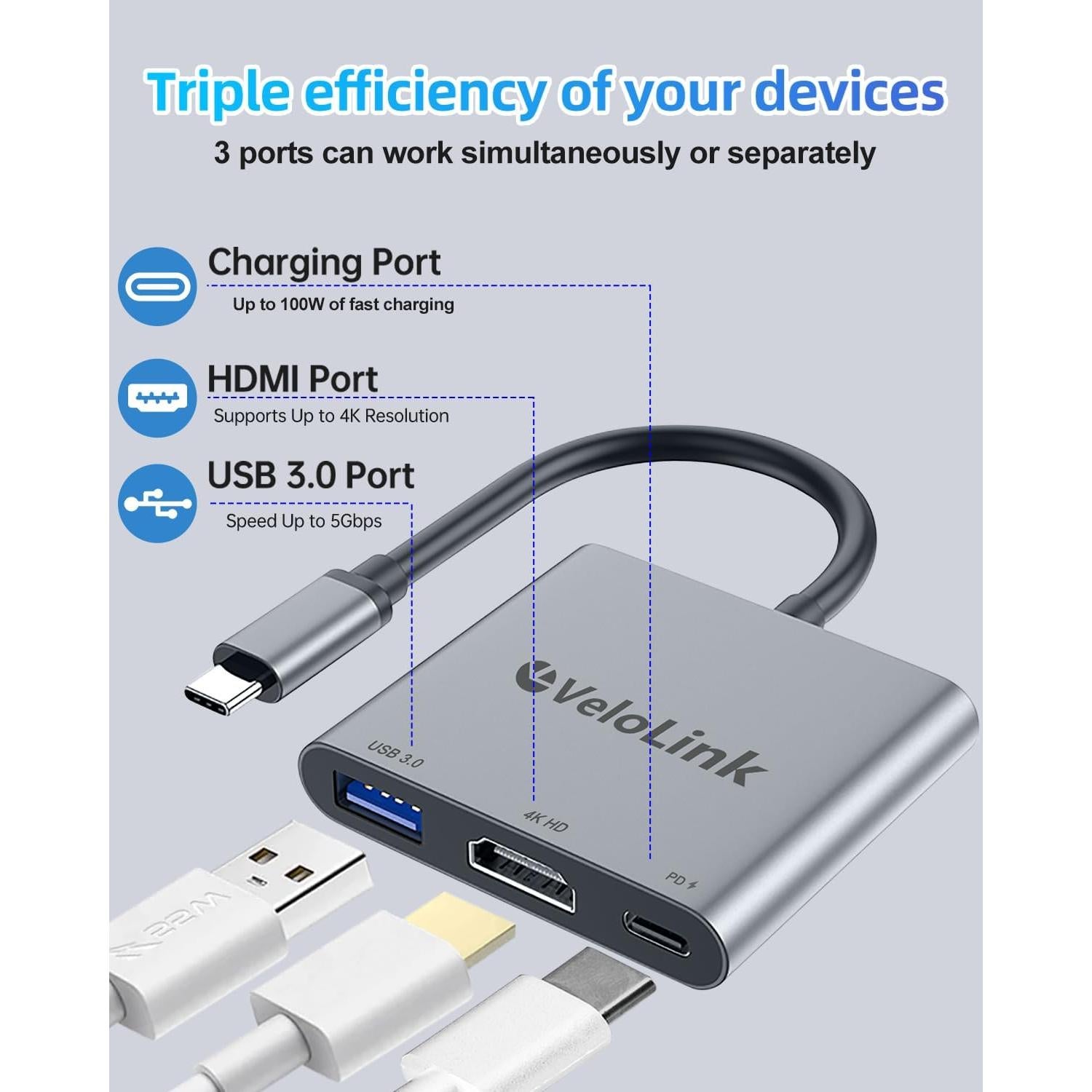 Adaptador USB-C a HDMI 4K 30Hz VELOLINK con Carga PD