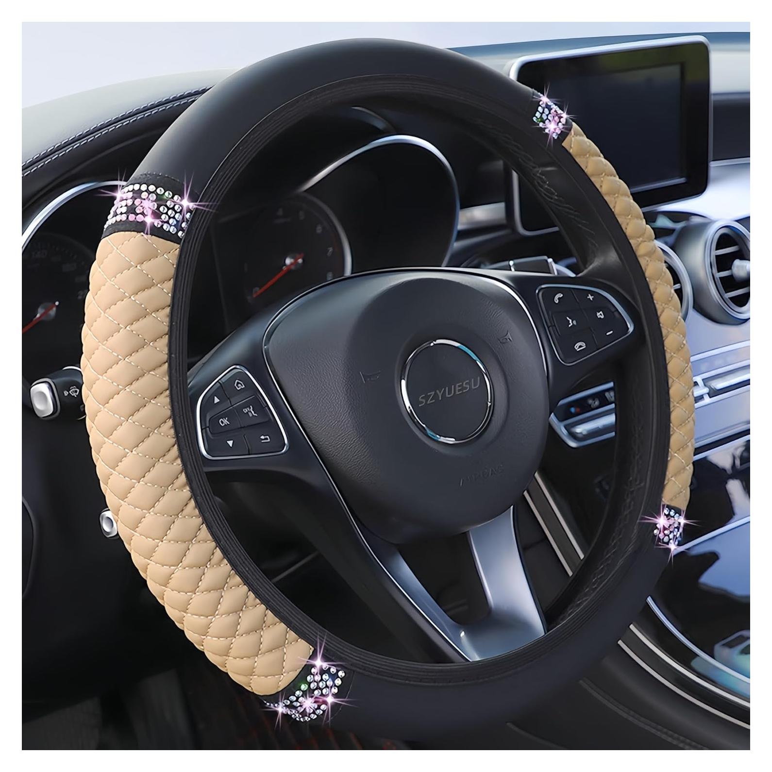 Cubierta de Volante de Cuero SZYUESU Beige 36.83-38.1 cm con Rhinestones