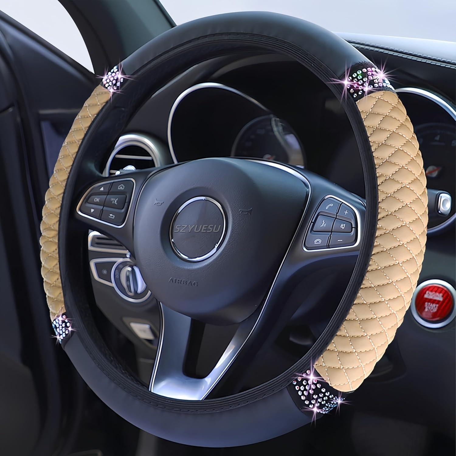 Cubierta de Volante de Cuero SZYUESU Beige 36.83-38.1 cm con Rhinestones