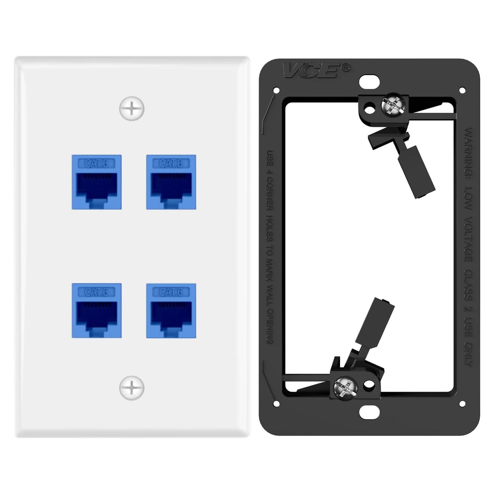 Placa de Pared Ethernet 4 Puertos VCE CAT6 Azul con Soporte