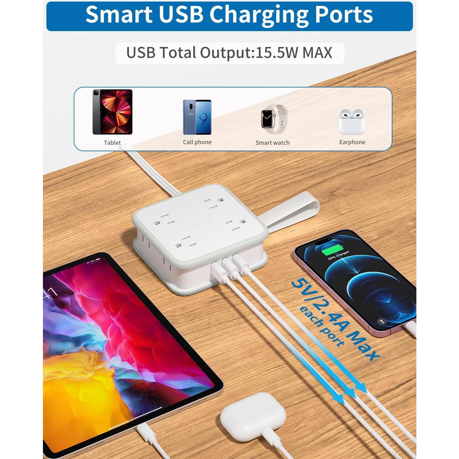 Regleta de Enchufes NTONPOWER 8 Salidas 3 USB 1.83m Blanco