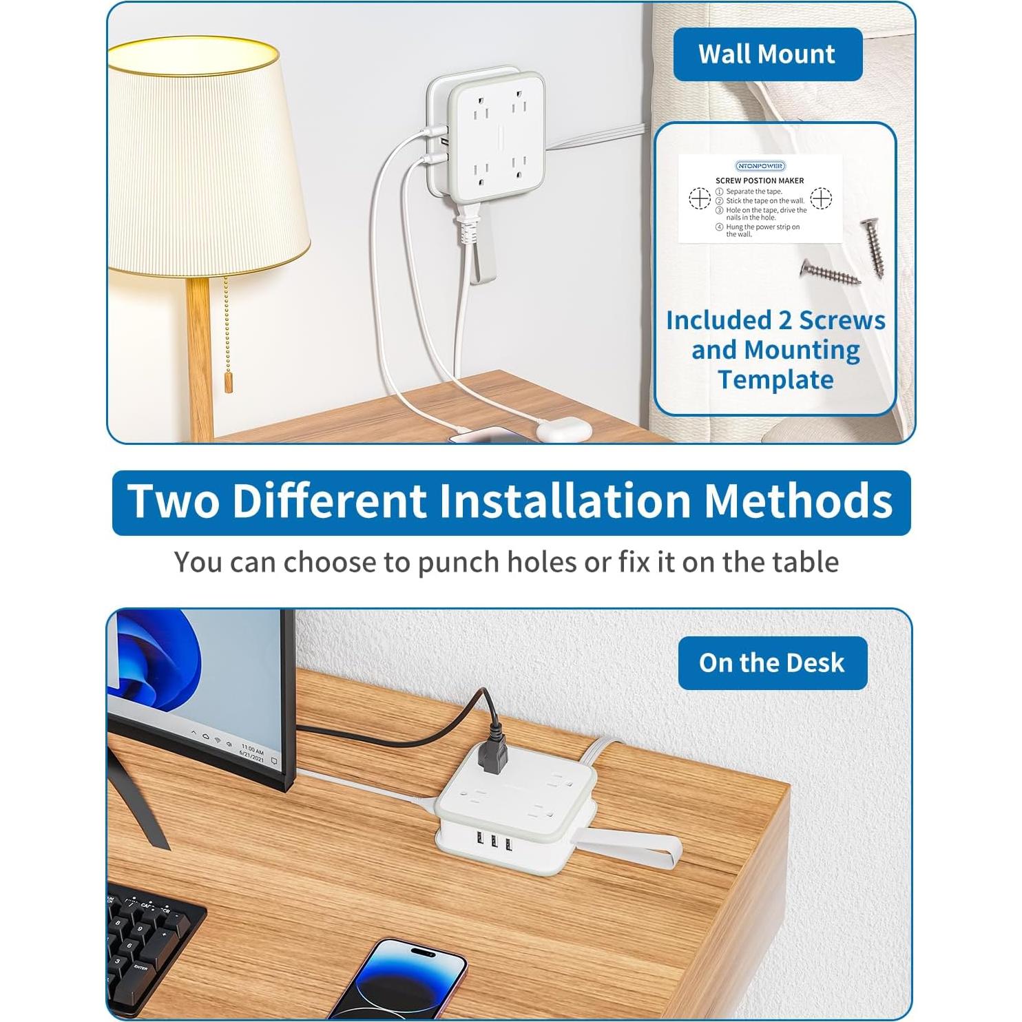 Regleta de Enchufes NTONPOWER 8 Salidas 3 USB 1.83m Blanco