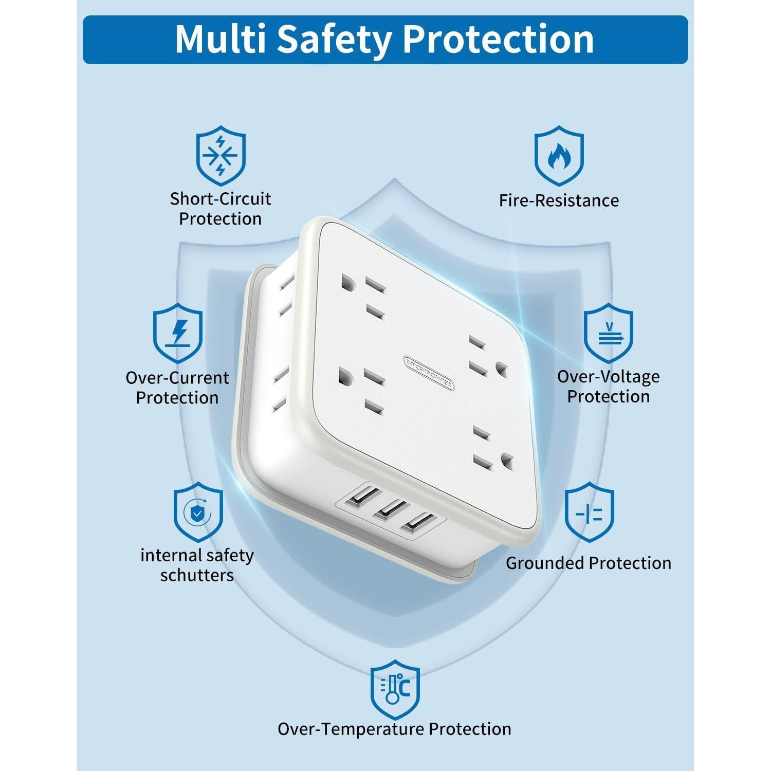 Regleta de Enchufes NTONPOWER 8 Salidas 3 USB 1.83m Blanco
