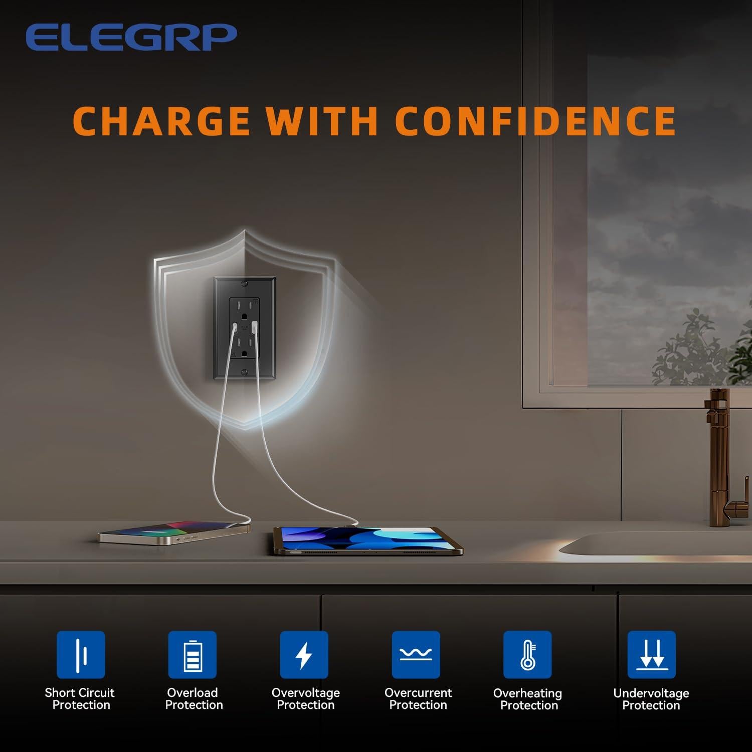 Toma de Pared ELEGRP 15A con Puertos USB A y C, Negro