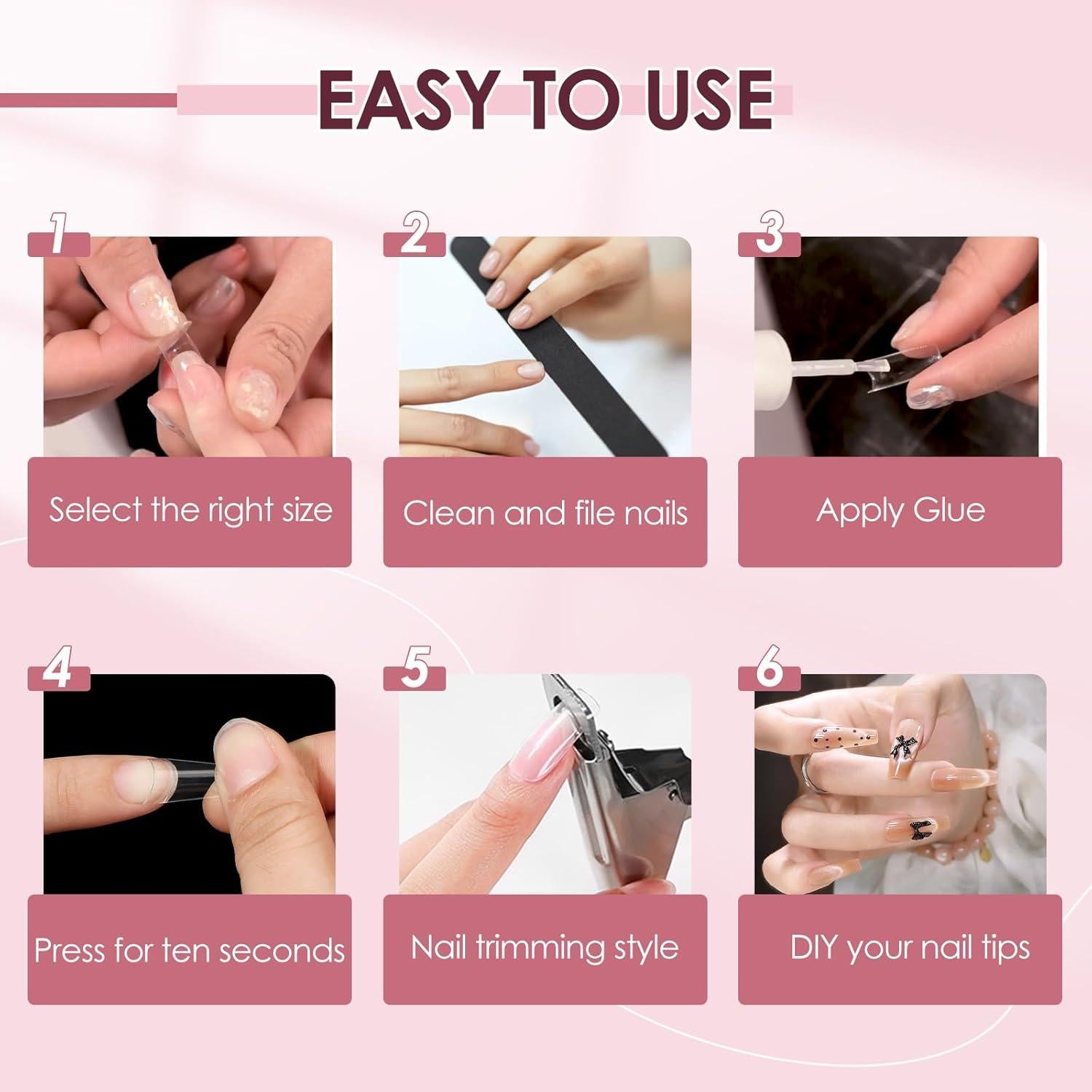 500 Consejos de Uñas Falsas Transparentes LIONVISON - 10 Tamaños