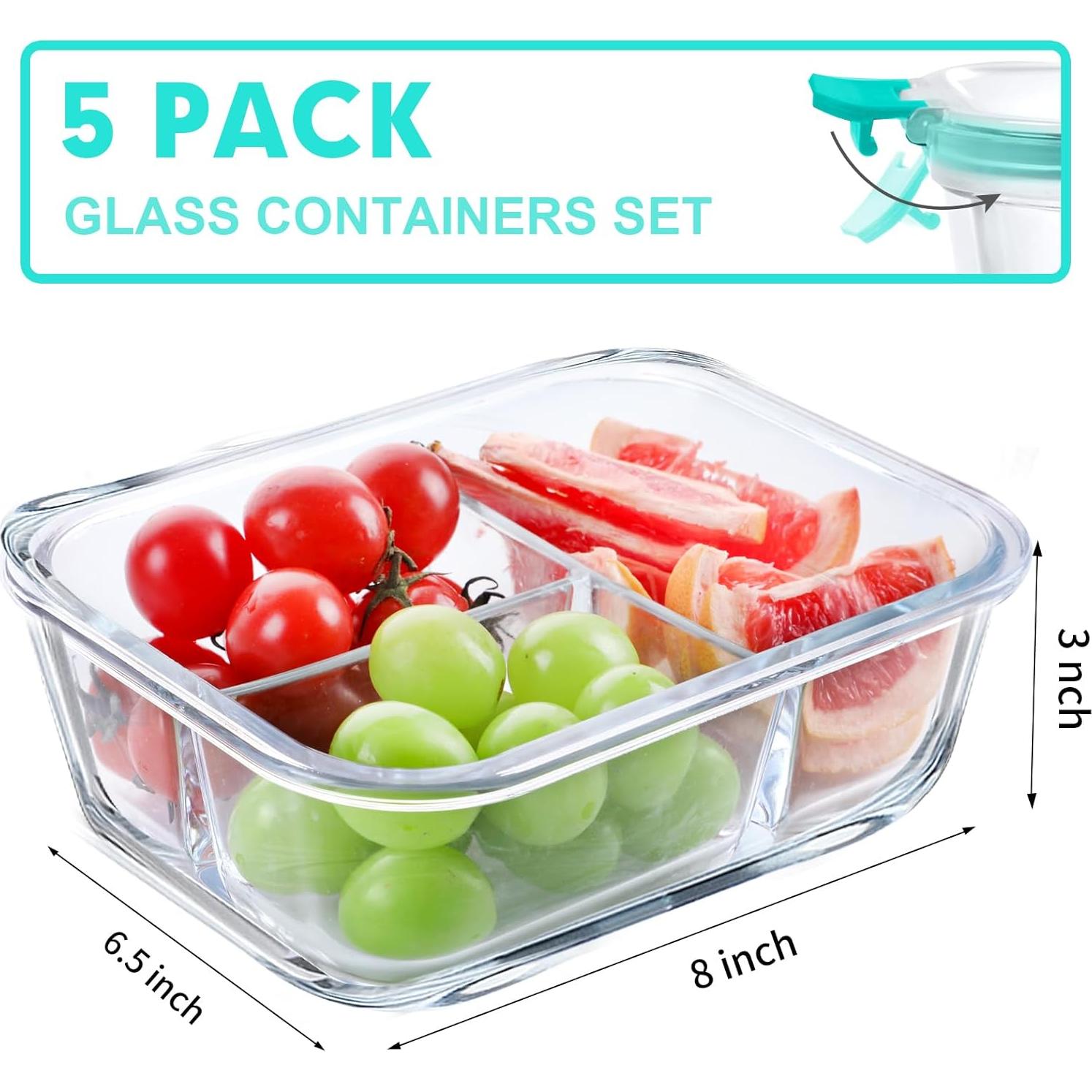 Contenedores de Vidrio VERONES 5 Piezas 3 Compartimentos 1080ml