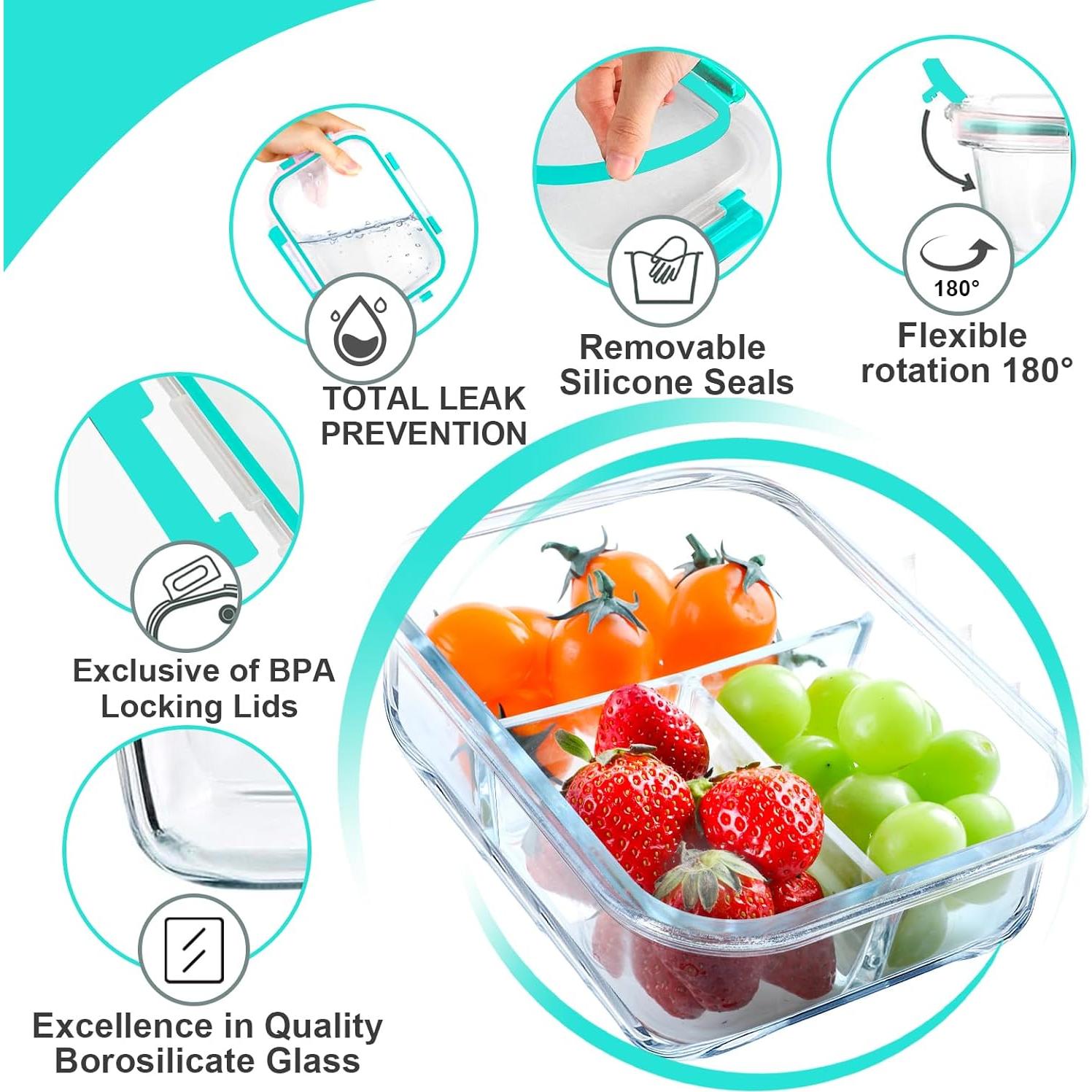 Contenedores de Vidrio VERONES 5 Piezas 3 Compartimentos 1080ml