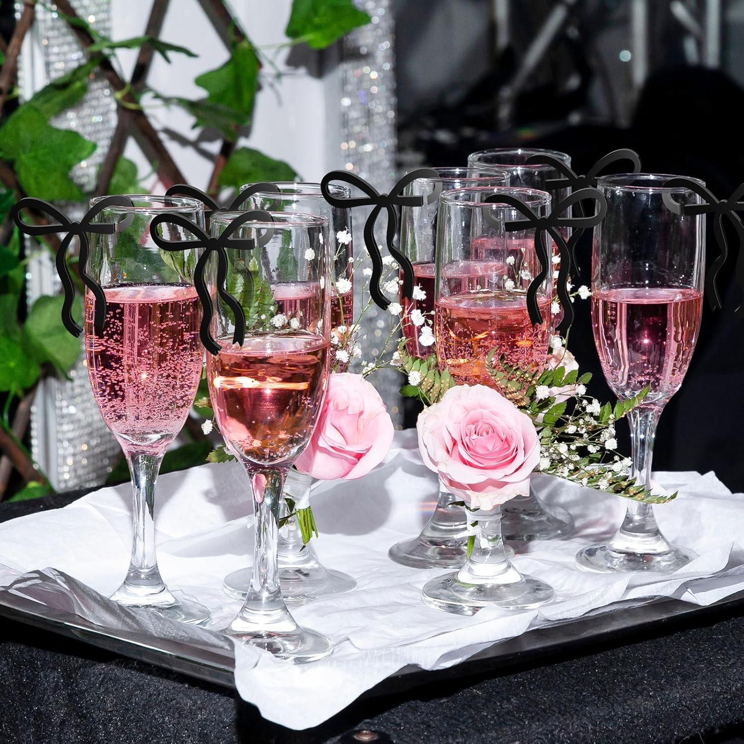 24 Etiquetas de Bebida con Lazos Negros Acrílicos para Fiestas