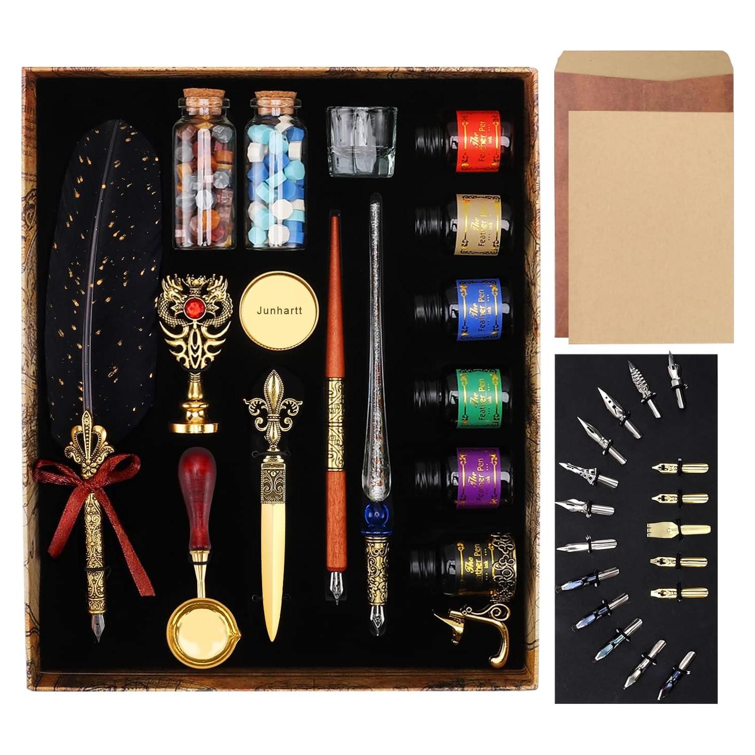 Juego de Caligrafía y Sello de Cera Junhartt - 3 Plumas y 6 Tintas