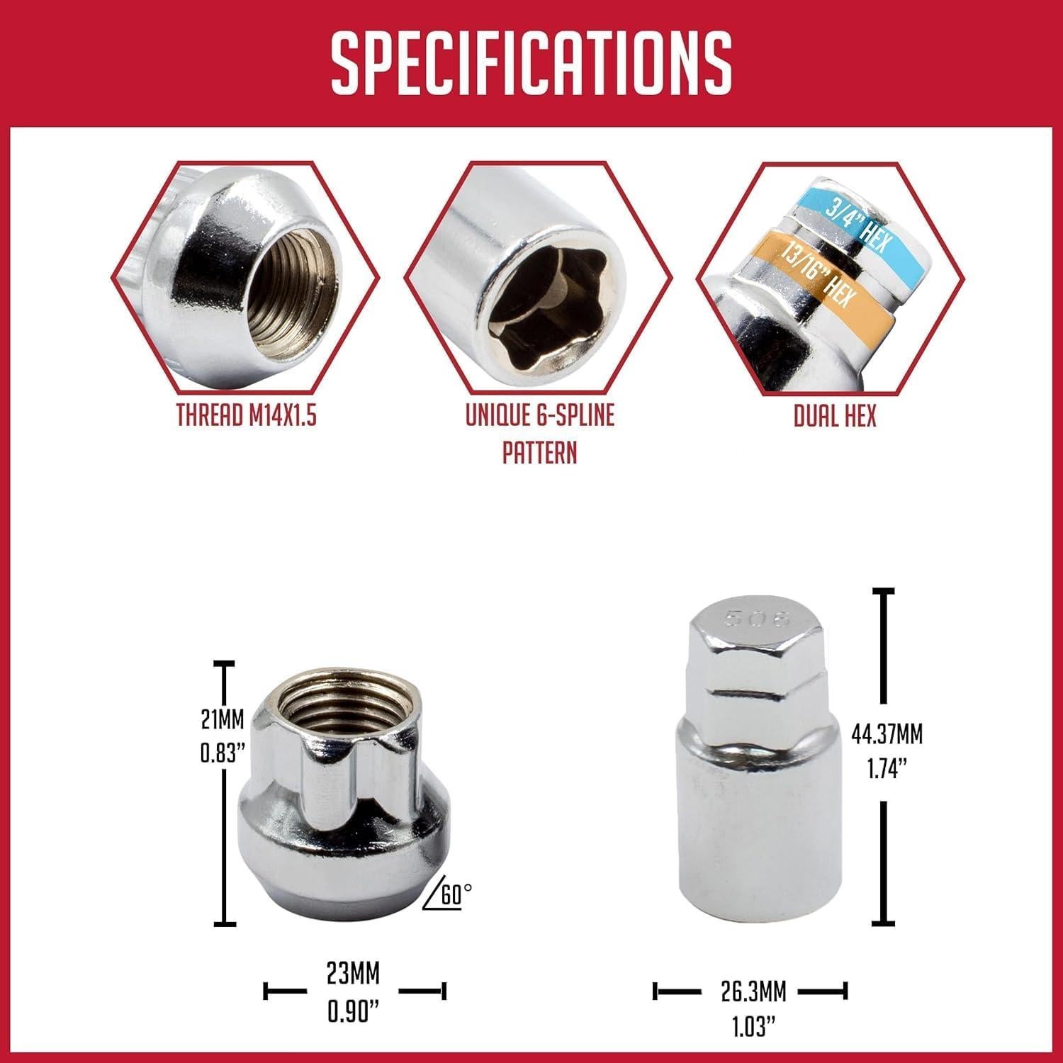 Cerraduras de Rueda M14x1.5 Acero Cromo 5 Piezas + Llave