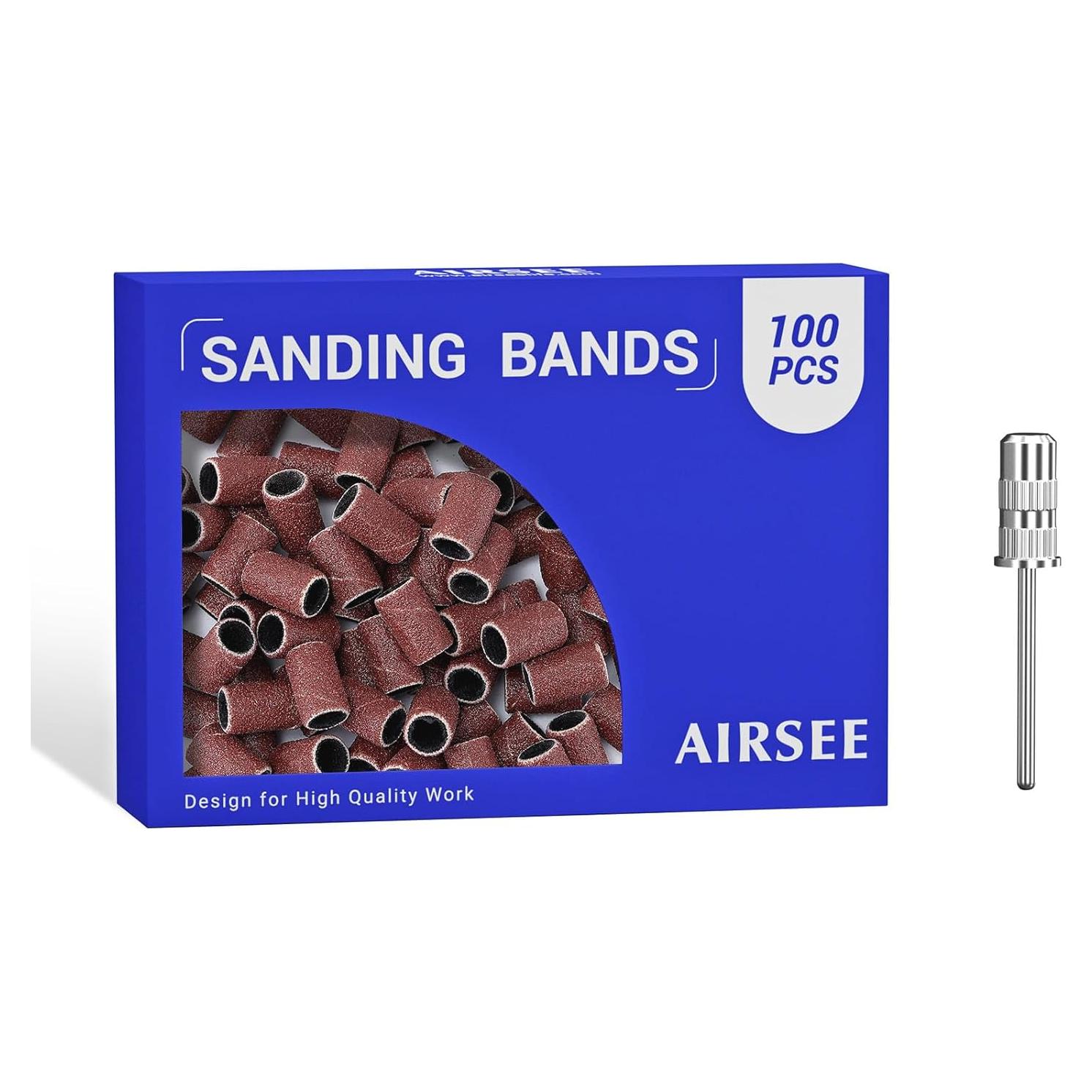 AIRSEE Sanding Bands for Electric Nail Drill 100 Piece Set 120 Grit Coarse Acrylic File Attachments Professional Sander 1 Mandrel Bit Beauty Salon Accessories Manicure and Pedicure Finger Callus Brown