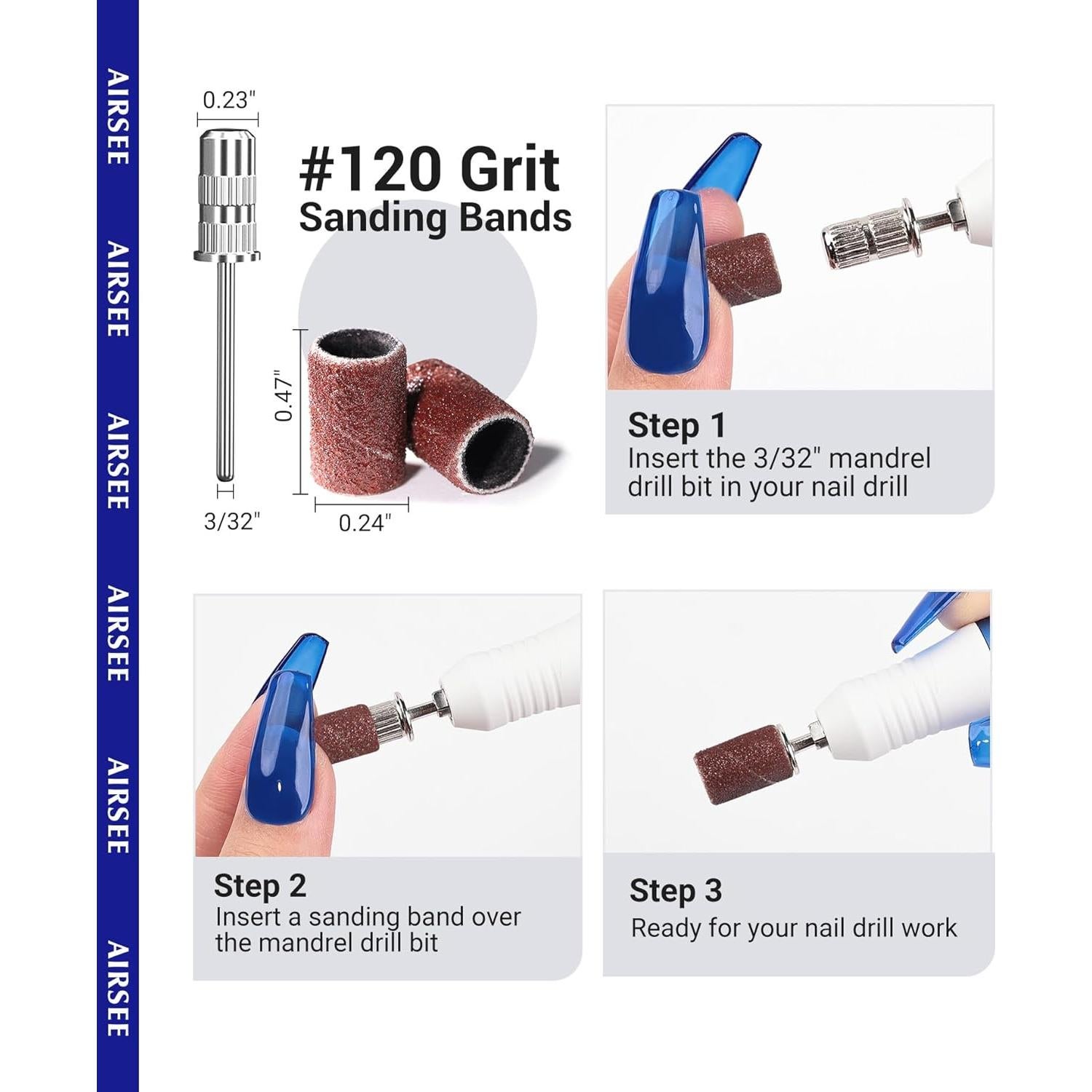 AIRSEE Sanding Bands for Electric Nail Drill 100 Piece Set 120 Grit Coarse Acrylic File Attachments Professional Sander 1 Mandrel Bit Beauty Salon Accessories Manicure and Pedicure Finger Callus Brown