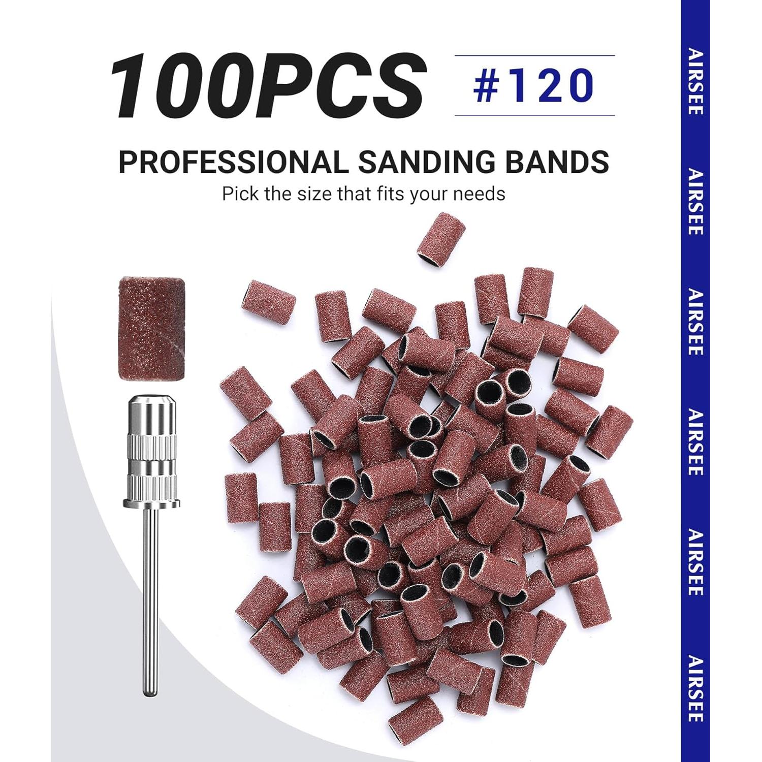 AIRSEE Sanding Bands for Electric Nail Drill 100 Piece Set 120 Grit Coarse Acrylic File Attachments Professional Sander 1 Mandrel Bit Beauty Salon Accessories Manicure and Pedicure Finger Callus Brown